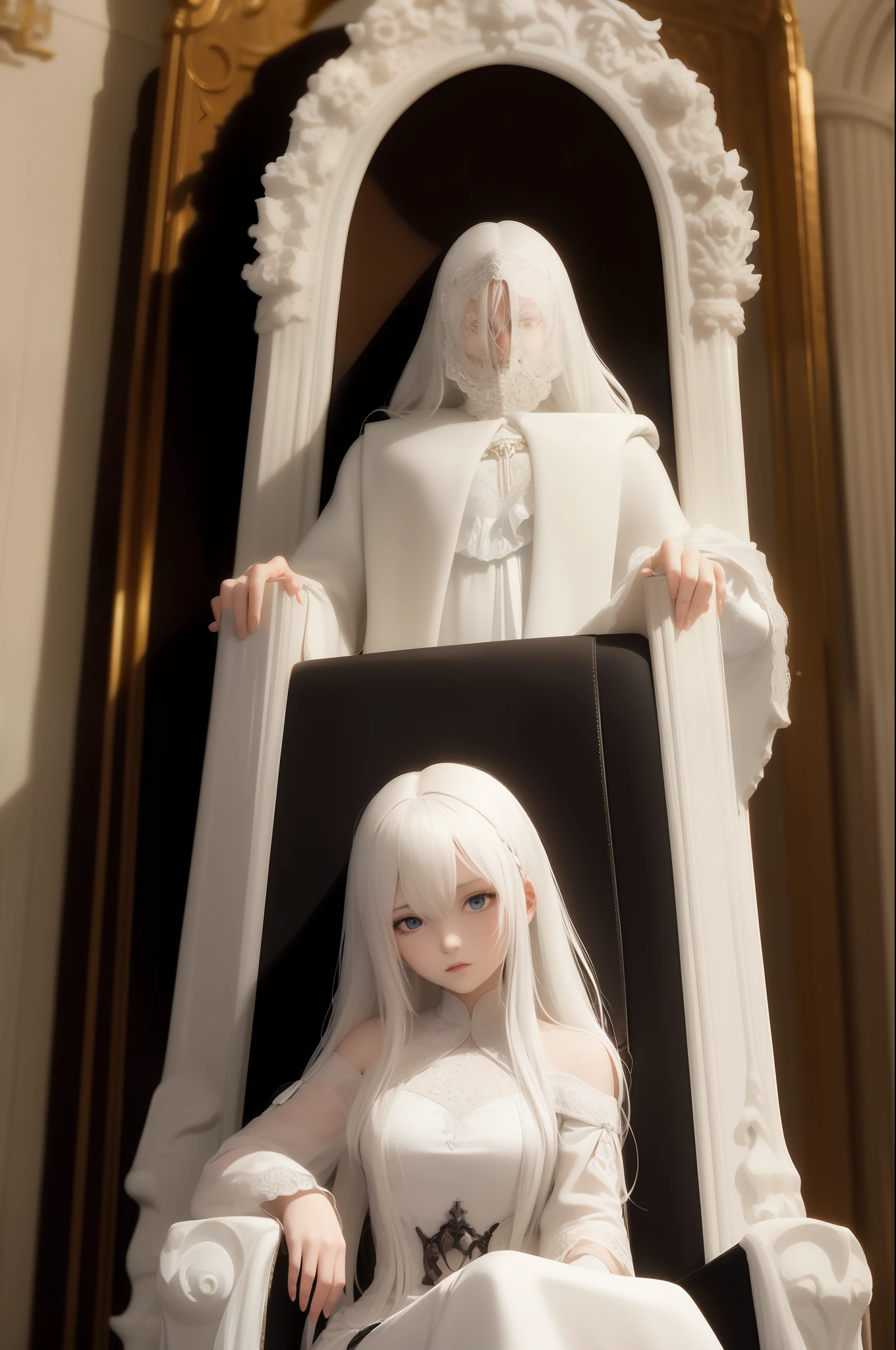 best quality, masterpiece, white hair, blue eyes, looking down, upper body, long hair, in a throne room, royal elegant pose, on her throne, queen, cool, noble, white gothic clothes, superior, sitting on the throne.