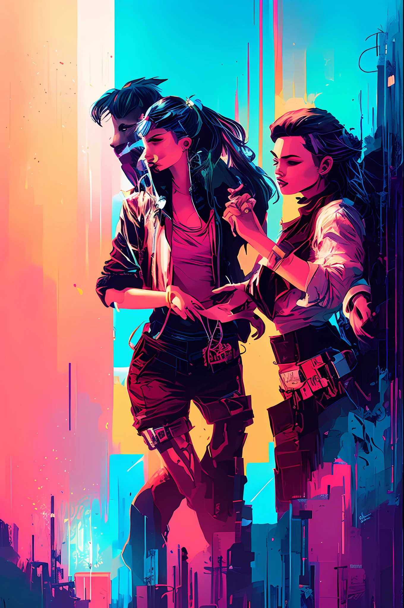 portait two beautiful women dancing, neon lights, sexy, sensual,, snthwve style nvinkpunk, by jeremy mann, by sandra chevrier, by dave mckean and richard avedon and maciej kuciara, punk rock, tank girl, high detailed, 4k, RTX