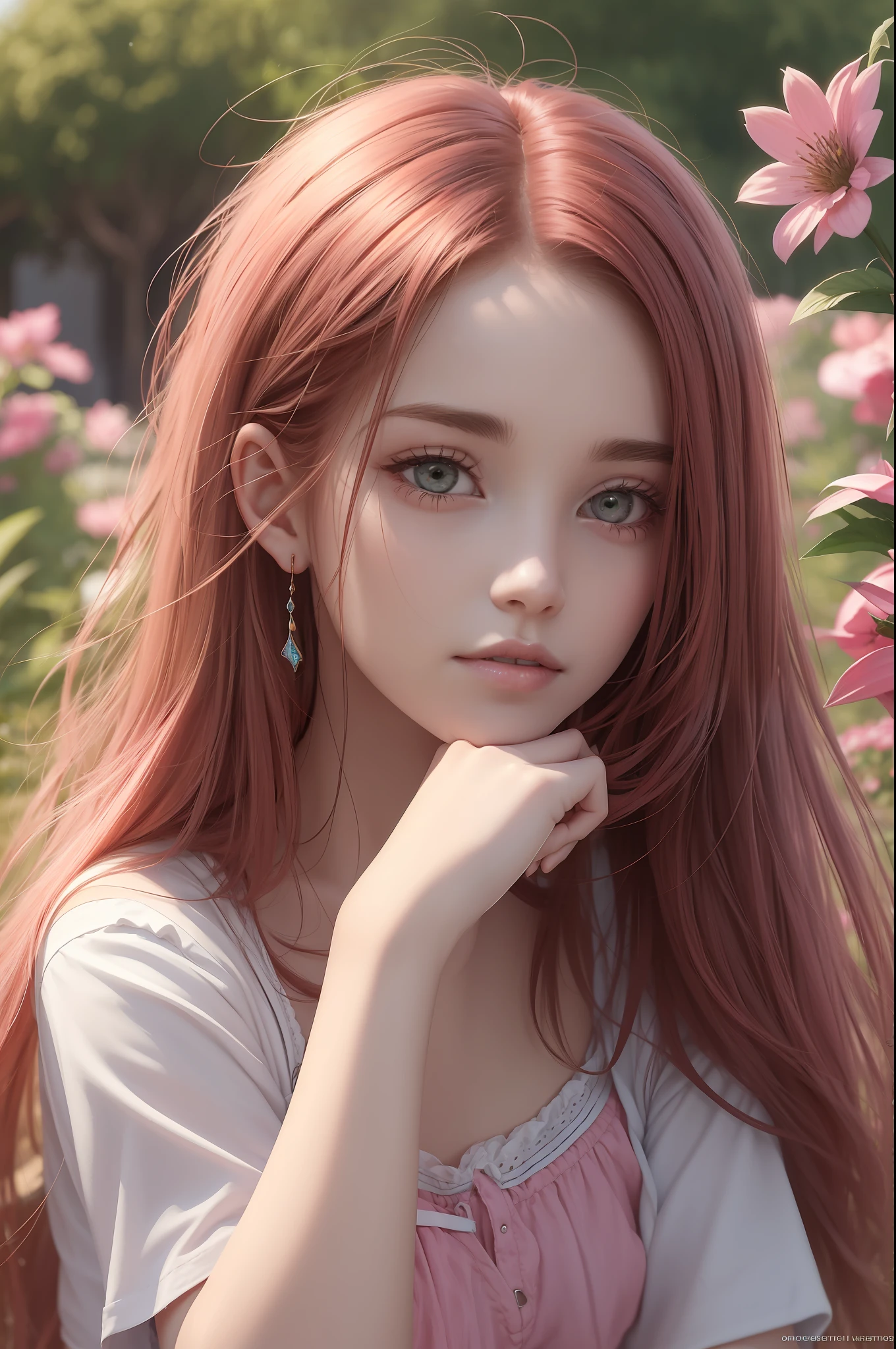 (best qualtiy,tmasterpiece,art stations,Fantasyart:1.2),A beautiful and lovely French girl,ite,(Long messy red hair:1.1),(Pink shorts,1.2),In the garden,realisticlying,Detailed face