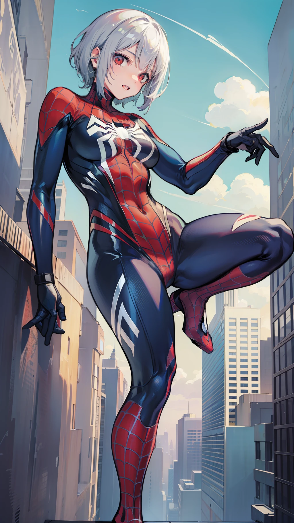 Female Spider-Man,Gray Spider-Man suit,Stand on the rooftop,Sexy standing pose