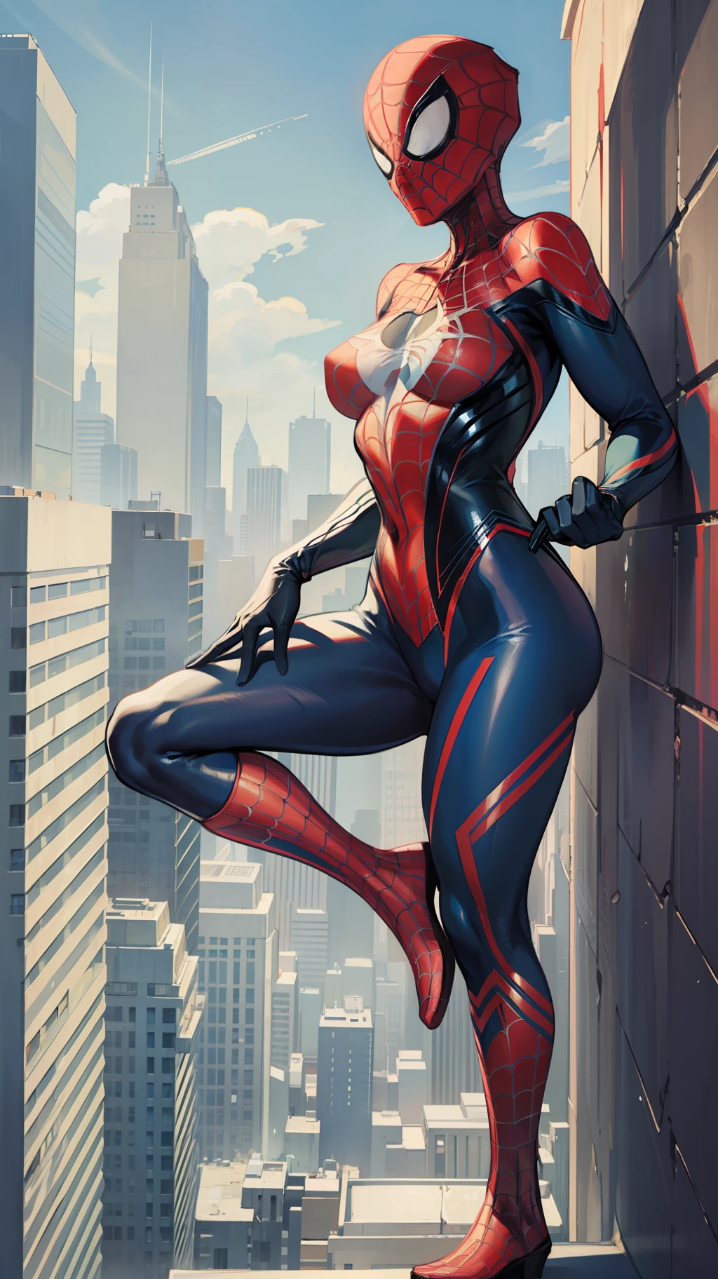 Female Spider-Man,Gray Spider-Man suit,Stand on the rooftop,Sexy standing pose