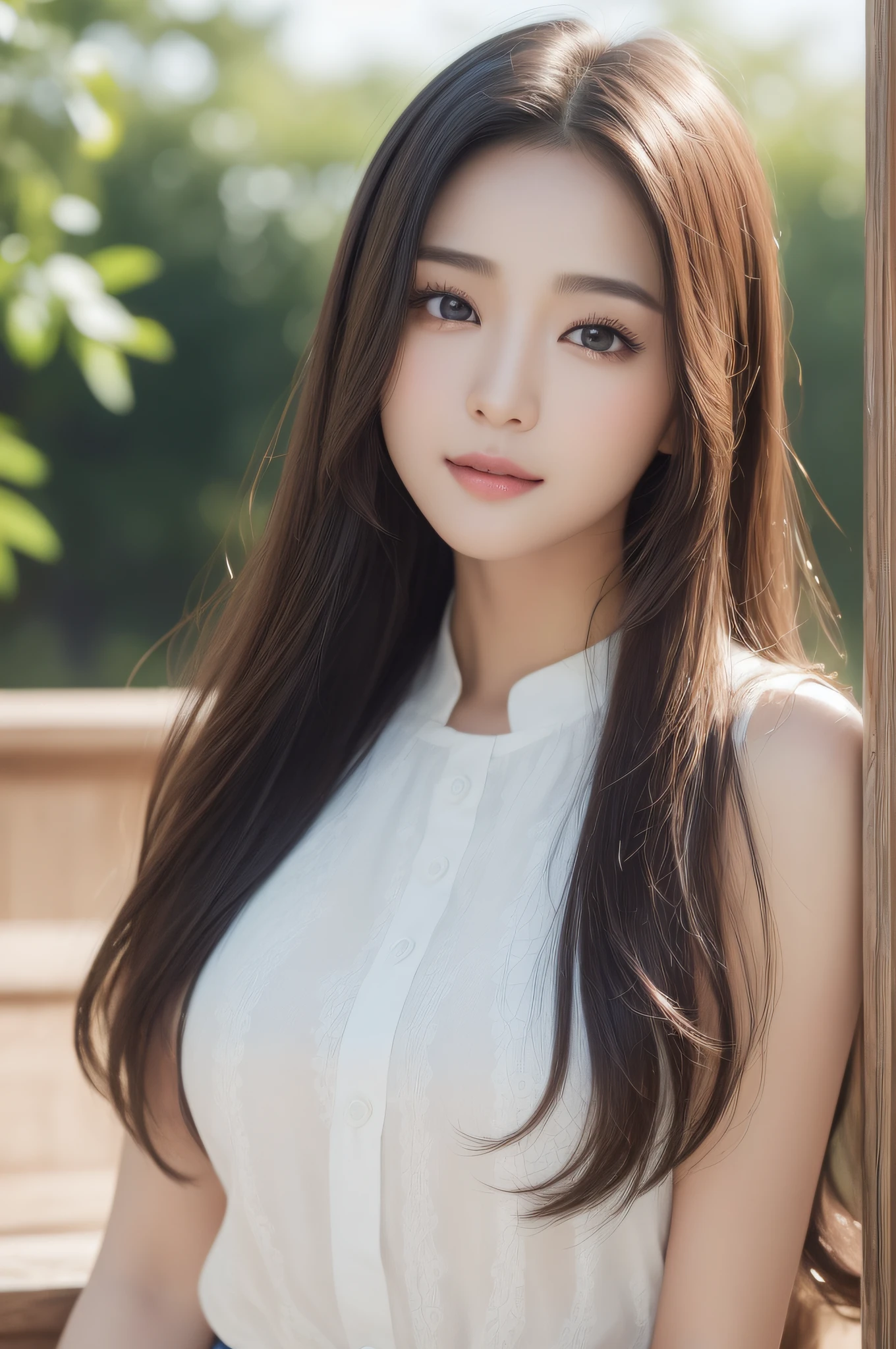 ((best qualtiy、8k masterpieces:1.3))、foco nítido:1.2、(ultra beautiful faces:1.0)、(shinny skin:1.0)、photos realistic、A dark-haired、Video Lighting、High-definition eyes and face、Video Lighting、(cowboy  shot:1.3)、(Korean Cute Actress)、from the front side、medium large breasts、ssmile、Sleeveless、Wearing a white blouse
