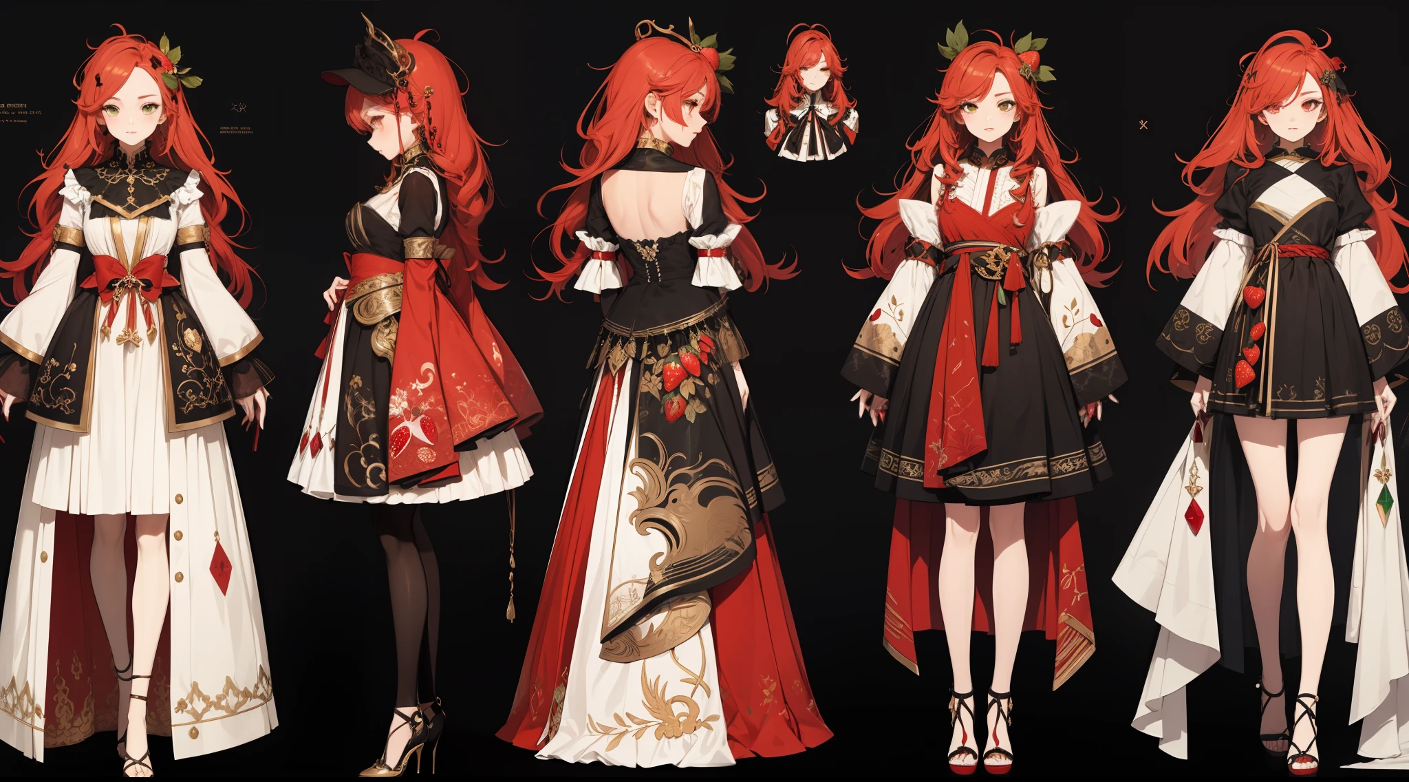 clothing design,character design,Character design,full bodyesbian,frontage,Lateral face,on back,Set,ta prostitute,Very gorgeous,Maximalism,extreme hight detail,RococoStyle,Super long hair,Complex accessories,Complex hairstyles,Strawberry theme,dark red color,green color,strawberry hair ornament,Strawberry-shaped gemstone,Skirts of various materials,Different fabrics,Different brightness and saturation,Delicate waist seal,obi