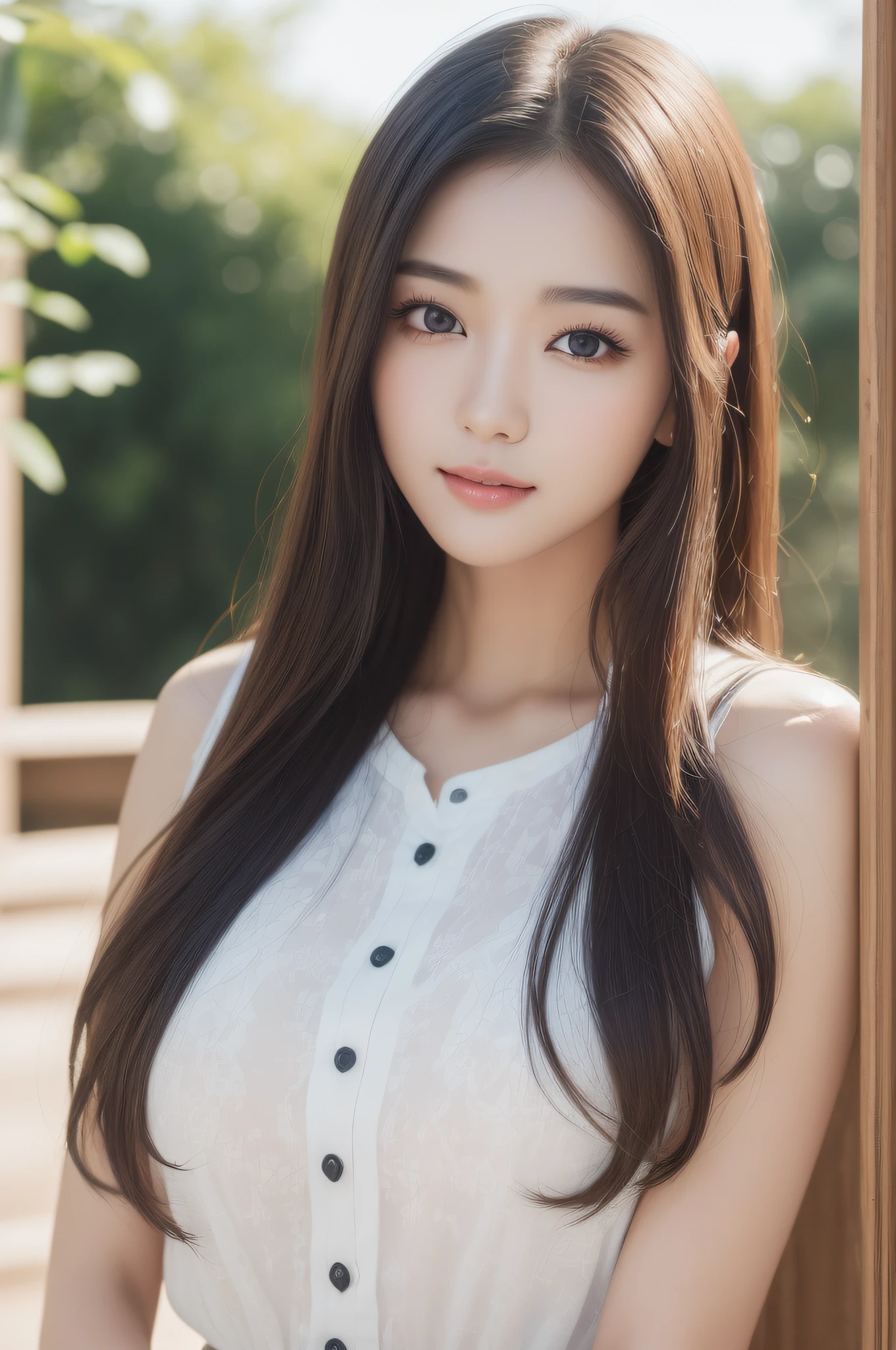 ((best qualtiy、8k masterpieces:1.3))、foco nítido:1.2、(ultra beautiful faces:1.0)、(shinny skin:1.0)、photos realistic、A dark-haired、Video Lighting、High-definition eyes and face、Video Lighting、(cowboy shot:1.3)、(Korean Cute Actress)、from the front side、medium large breasts、ssmile、Sleeveless、Wearing a white blouse