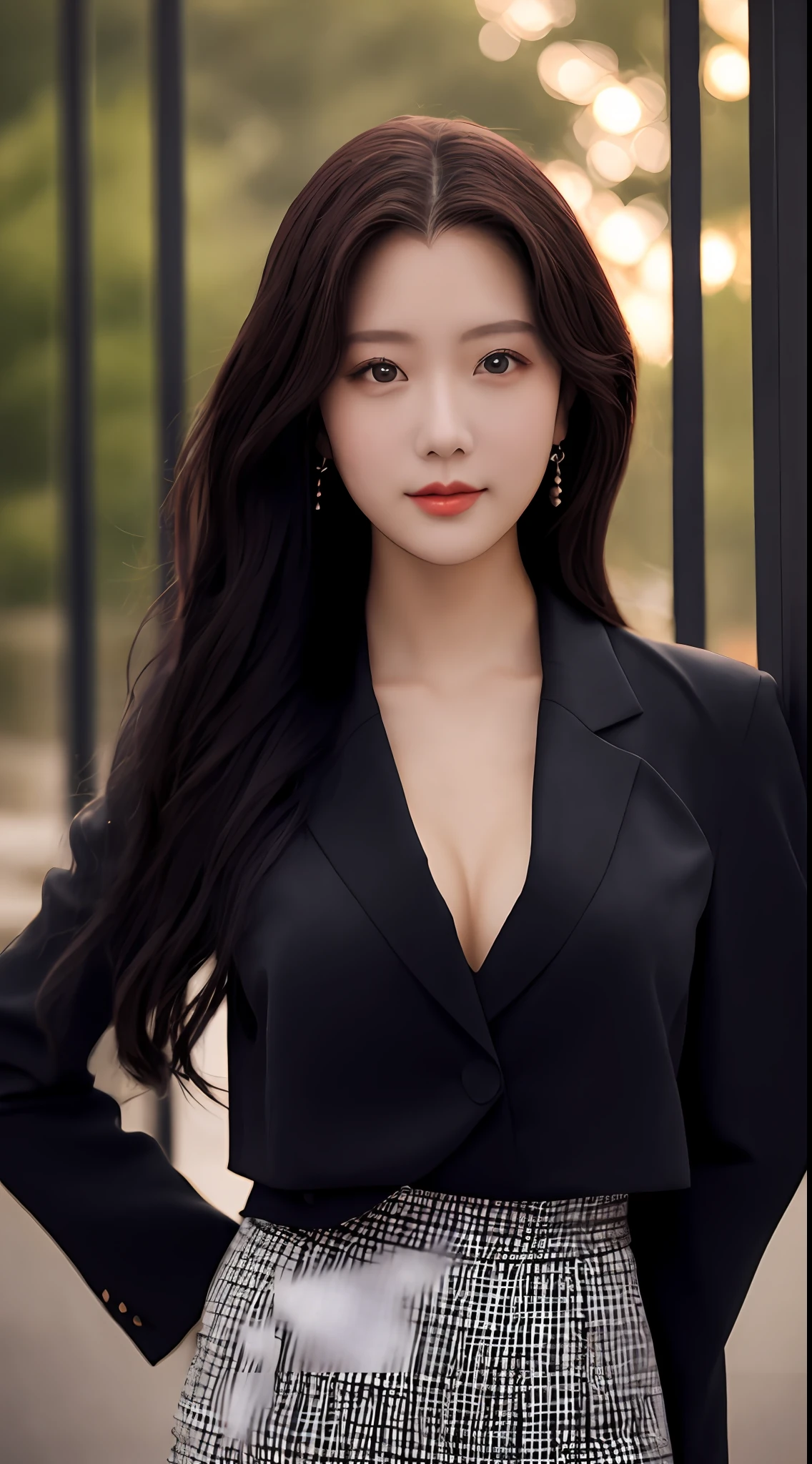 top-quality, masterpiece, 1girl in, Kawaii face, (photographrealistic:1.3), Rim lighting, (High Detail Skins:1.2), 8KUHD, Digital SLR, hightquality, hight resolution, 4K, 8K, bokeh dof, absurderes, best ratio four finger and one thumb, (realisitic:1.3), pretty 1girl, Wearing a black formal blazer, middlebreasts, a short skirt,japanes,