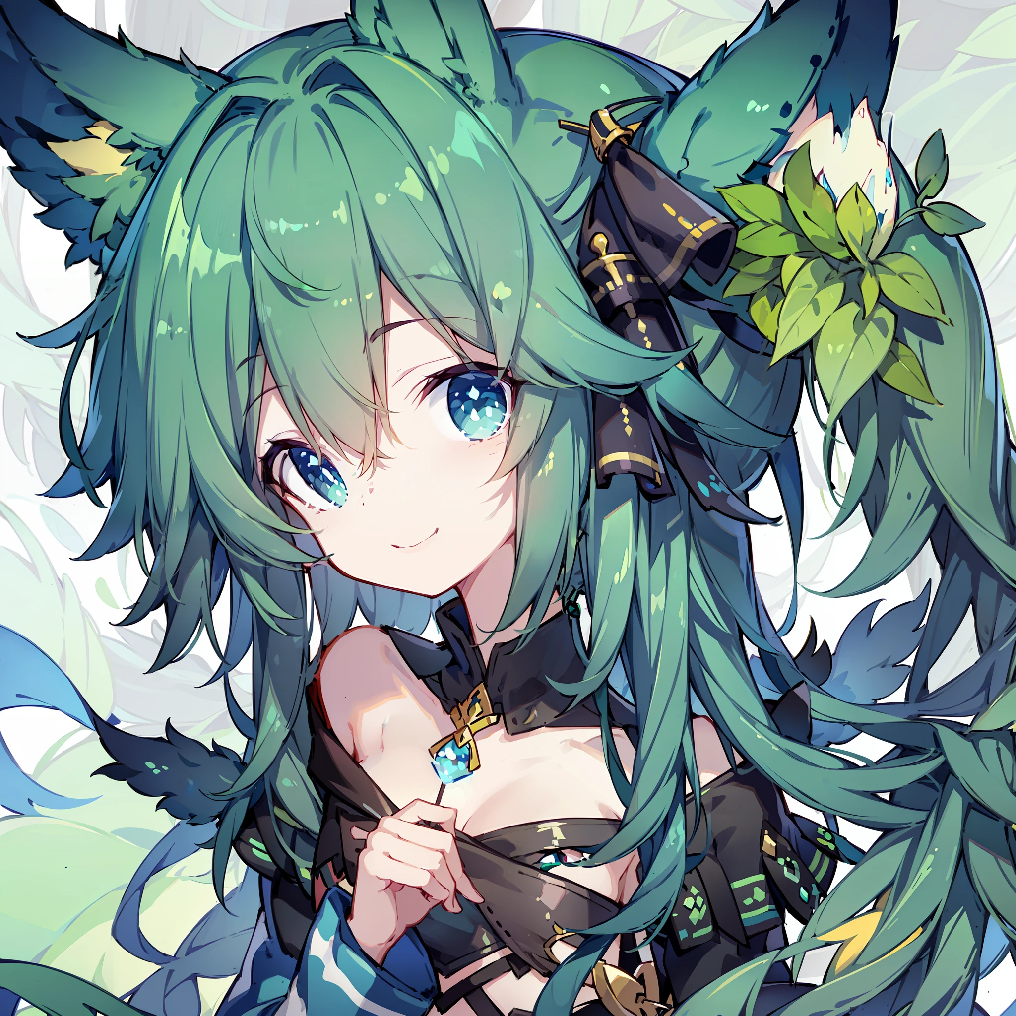Green hair,ssmile,Fan in hand,Green fox ears,(Flat chest 1.3),Blue pupil