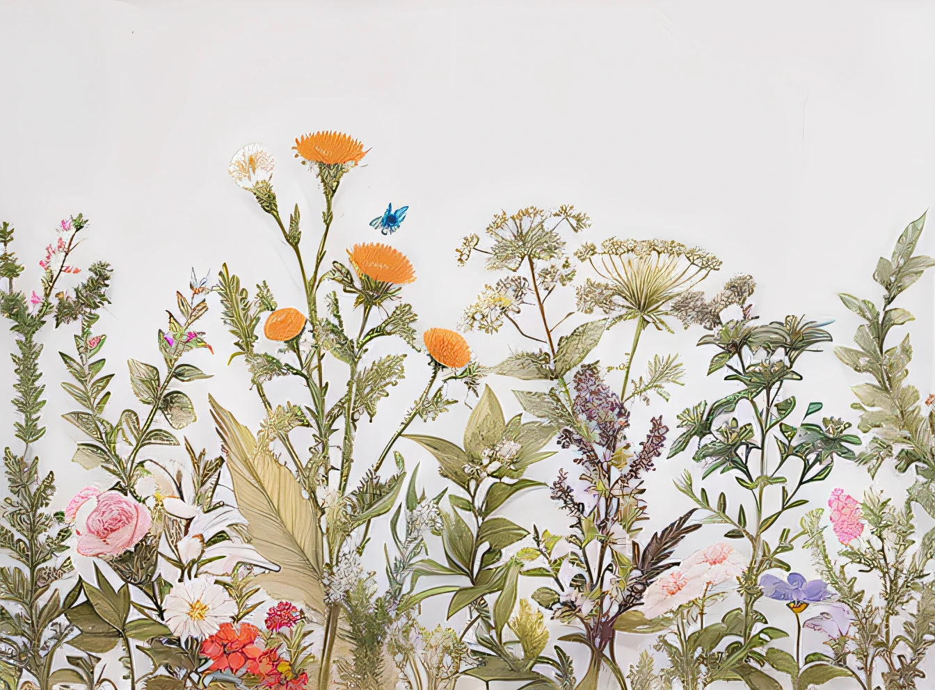 There are many different flowers on a white background,white backgrounid, botanical rainbow backdrop, delicate garden on paper, herbs and flowers, Meadow flowers, made of wildflowers, wildflowers and grasses, floral embroidery, wildflowers, detailed beautiful plants, Flora Print, detailed flowers, detailed plants, flowers with intricate detail, with colorful flowers and plants, wildflowers, Field flowers