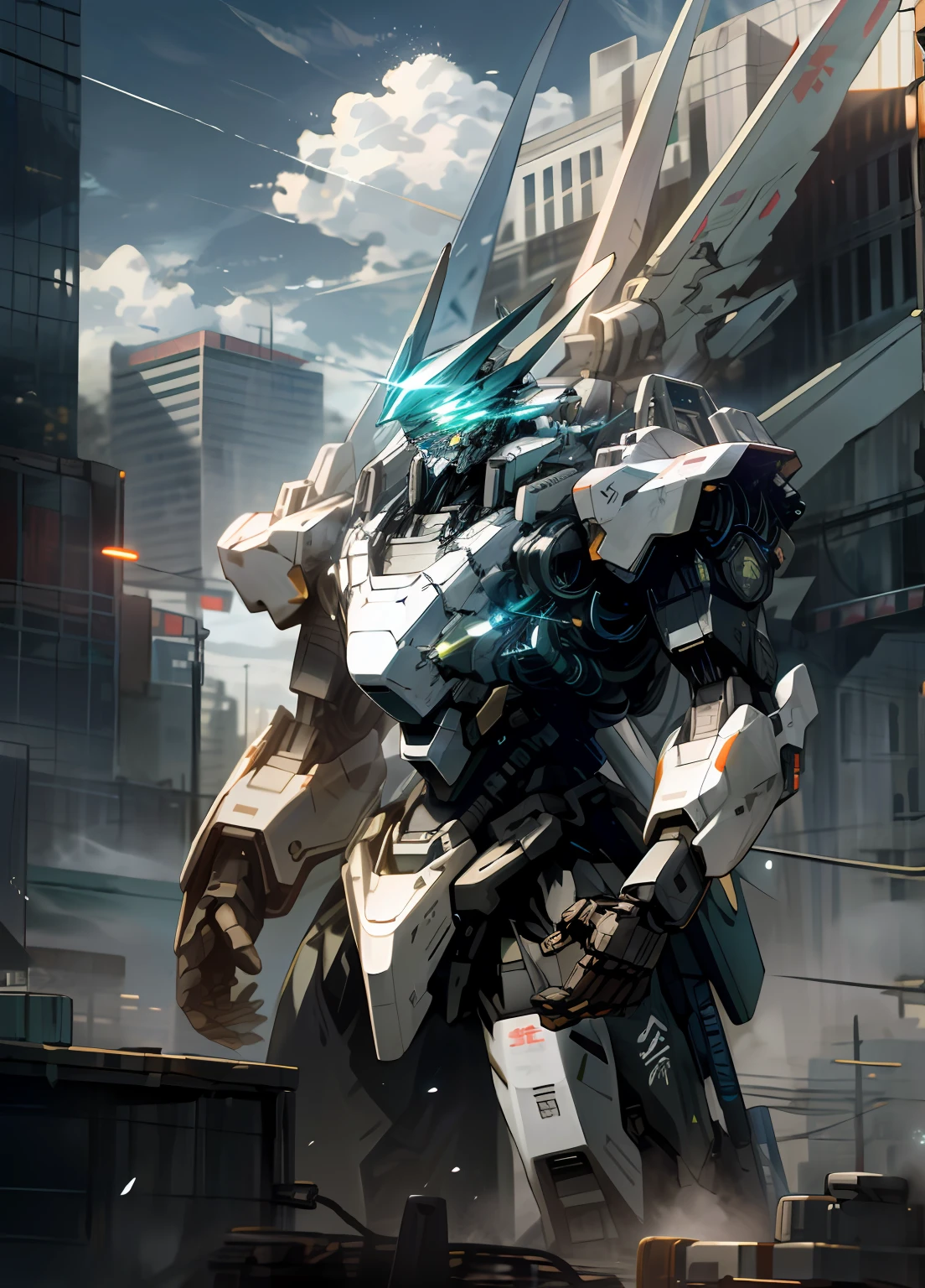 Skysky, ​​clouds, green grass、holding_weapon, no_humans, SHINES, , droid, built, glowing_eyes, mechs, science_fiction, city nigth, realisitic,mechs