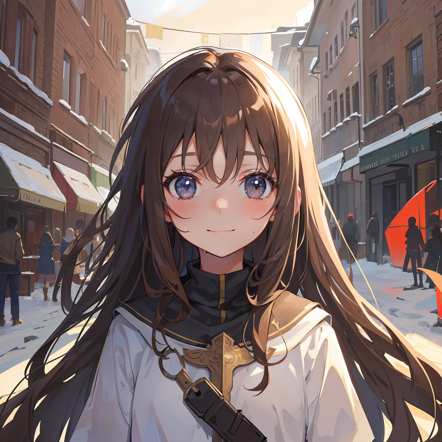masterpiece, sketch, sketch lines, dark coloring, digital art, 1girl, solo, portrait, winter clothes, sweat, nervous, smile, innocent, snow, light brown hair, long hair, tied hair, small girl, small chest, beautiful detailed eyes, arms behind back, depth of field, blurry, village background, streets, people silouettes, day, sunlight, medieval, leather clothing