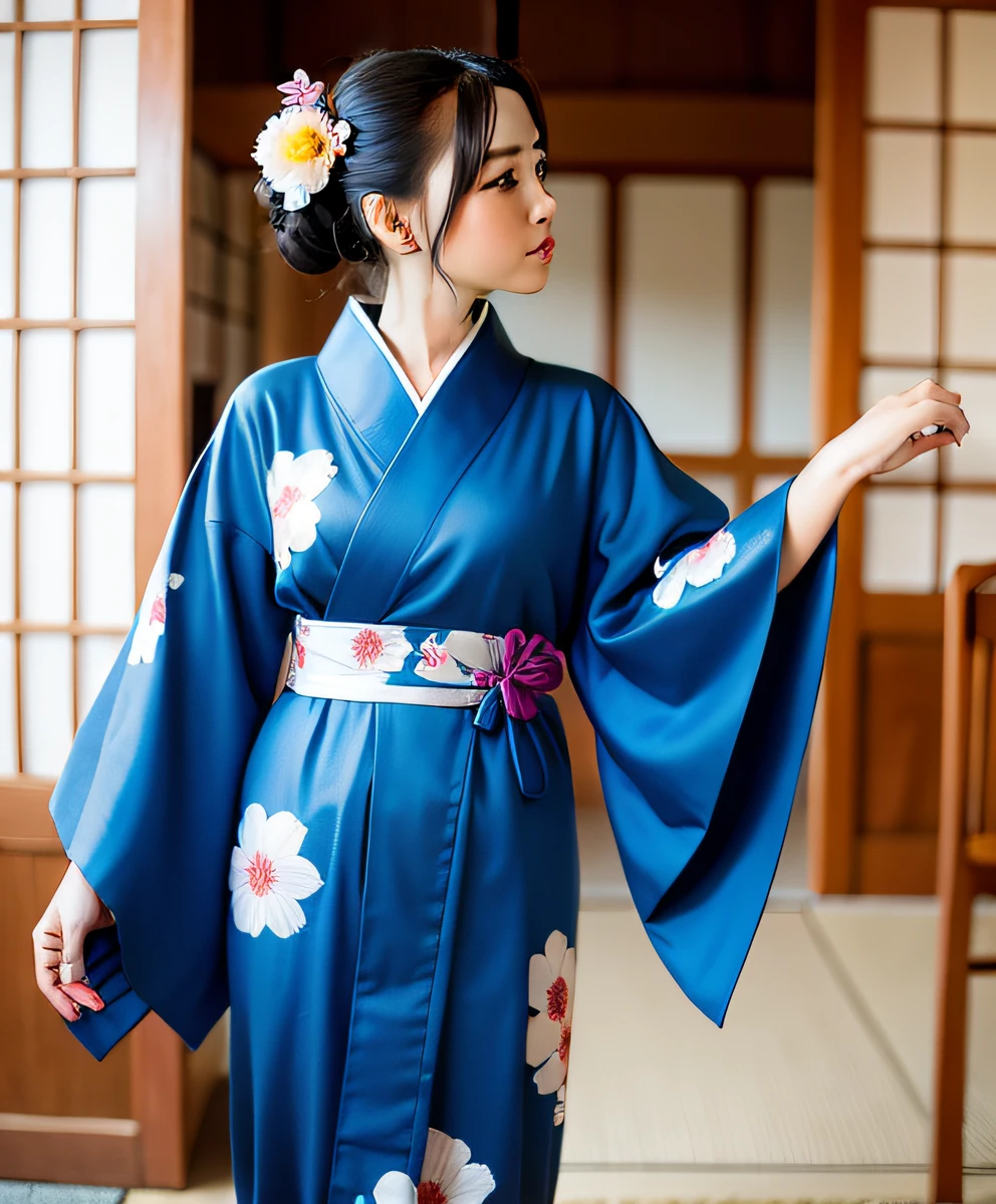 Alafed woman in blue kimono with flower sash, bathrobe, classy yukata clothing, in a kimono, Kimono, komono, traditional japanese, japanese kimono, Wearing kimono, Classic kimono, A Japanese style, Wearing a kimono, hakama kimono, pale and coloured kimono, Japanese style, wearing royal kimono, in a kimono --auto