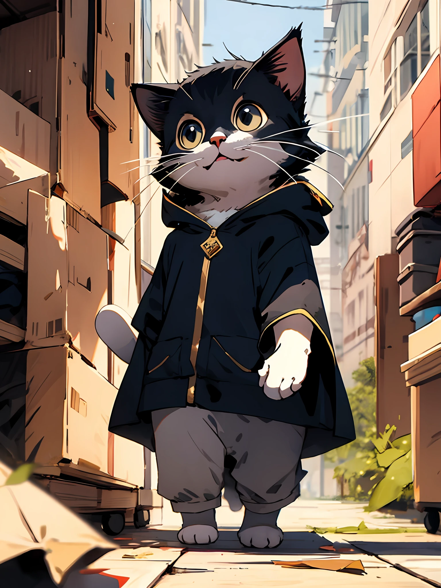 Bipedal creature resembling a cat, navy blue cloak and hood with gold trim, paws sticking out, floating as if by magic, masterpiece, best quality