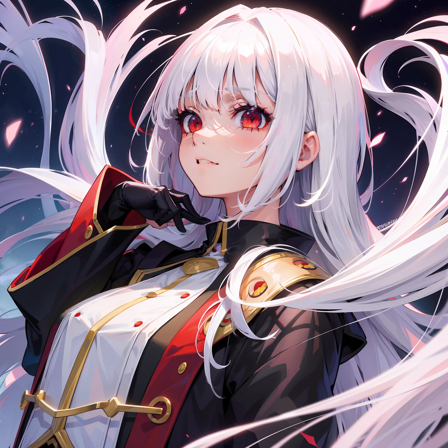 1girl, white hair, maquillaje, red eyes, ojos brillosos, stars, happy, mirando al espectador, flequillo, alta resolucion, bowl cut hair, lloviendo, tailcoat