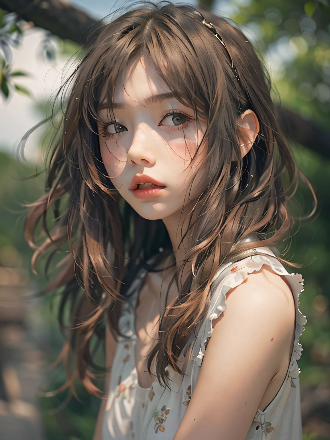 1girl,8k、Raw photo、(masuter piece)1.5、(top-quality)1.5、Hi-Res、Looking Up,(girl with)、(realisitic、Photorealsitic:1.5), (Close eyes):1.0, (Open mouth):1.5 Real numbers、Upper body、brown hair,Sleeveless、skinny、years((small tits))1.8、Eyes closed、Deep sadness、Sorrow、look up sky、screeming、Bedrooms、Background blur