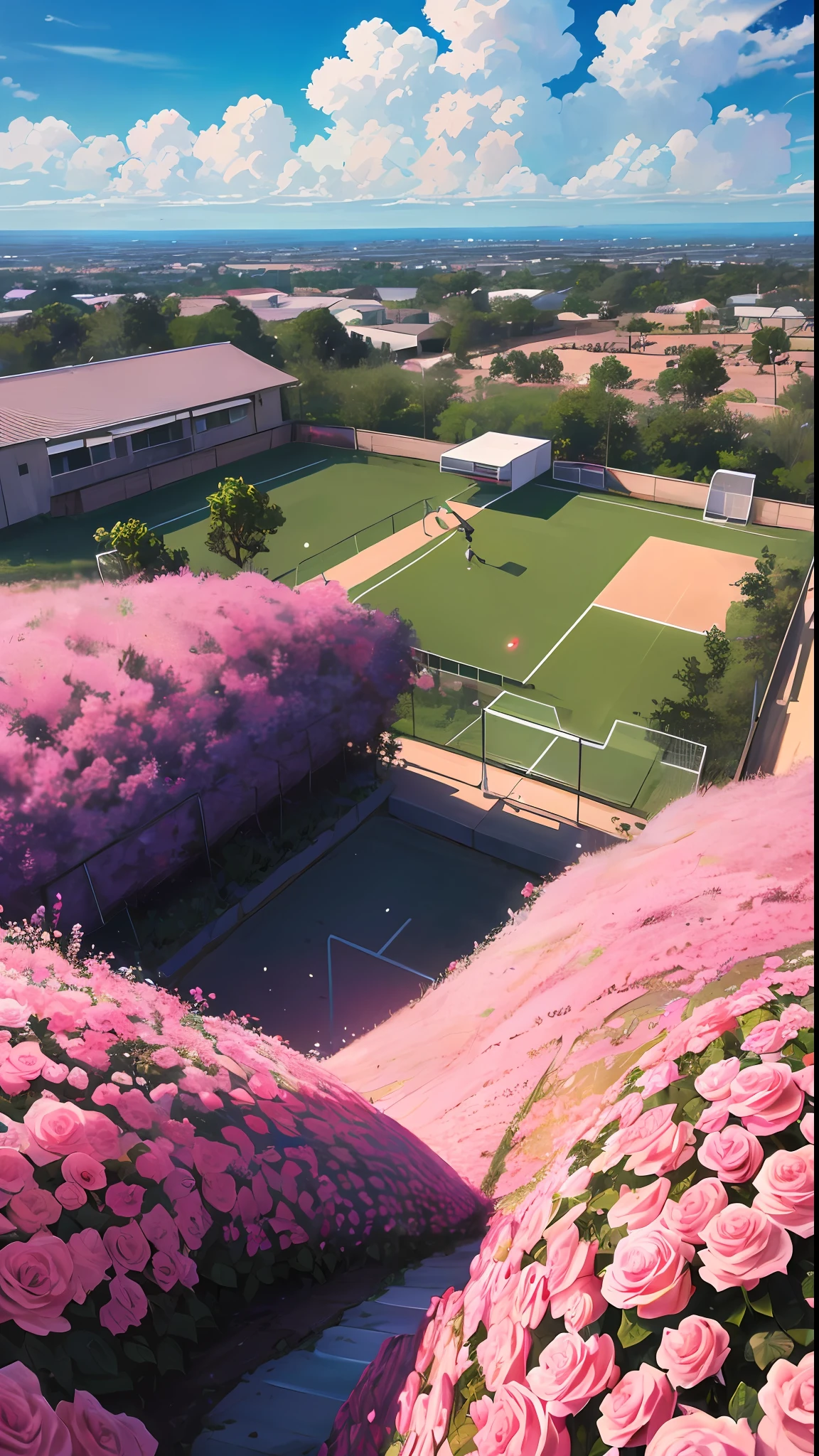 夏天，A desert，Pink clouds，A land overgrown with roses，James Gurney，Art station rendering，Ultra-wide lens，High- sharpness，soccer court