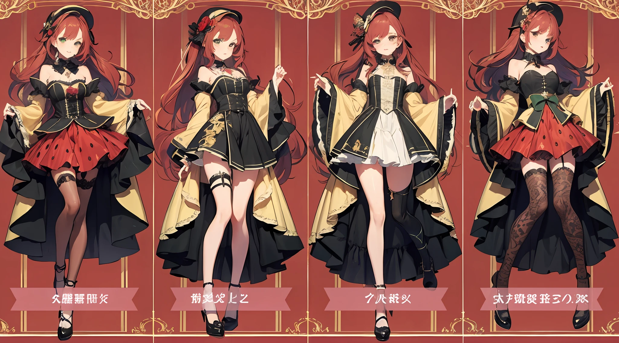 Three-view of roles,character design,Character design,Three View,full bodyesbian,frontage,Lateral face,on back,Set,ta prostitute,Very gorgeous,Maximalism,extreme hight detail,RococoStyle,Super long hair,Complex accessories,Complex hairstyles,Strawberry theme,dark red color,green color,strawberry hair ornament,Strawberry-shaped gemstone,Skirts of various materials,Different fabrics