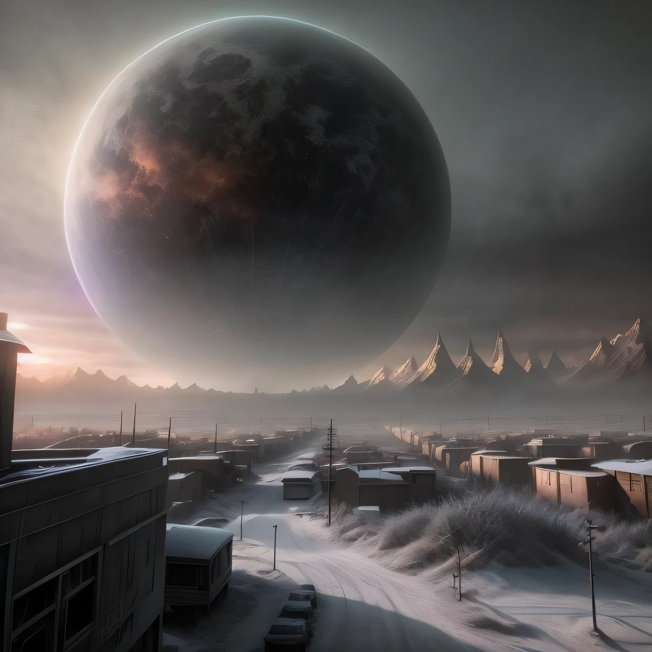 end of the world, epic realistic, (hdr:1.4), (muted colors:1.4), apocalypse, freezing, abandoned, neutral colors, night, screen space refractions, (intricate details), (intricate details, hyperdetailed:1.2), artstation, cinematic shot, vignette, complex background, buildings, snowy