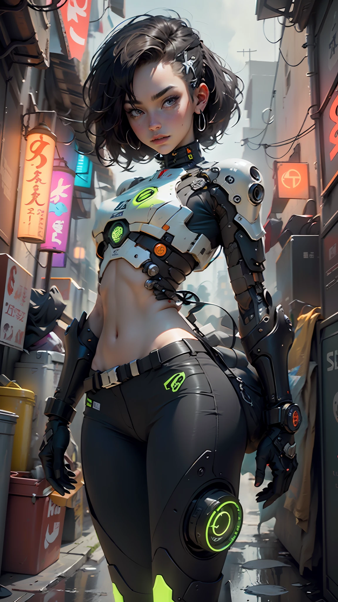 Seios grandes, seios semi expostos, armadura mecha, metal negro, neon laranja, cabos de energia, armadura, Cyberpunk, high-tech low-Life