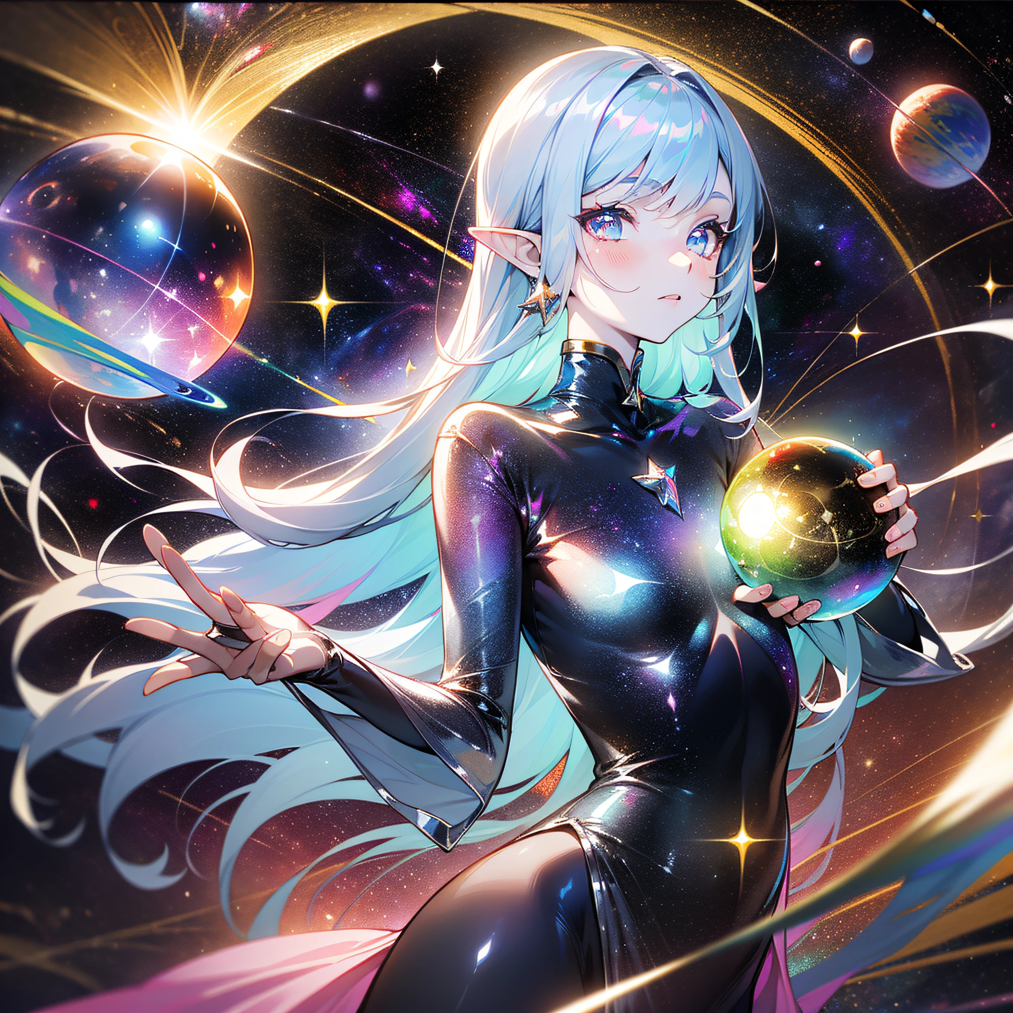 young woman, (((one person))), (((single))), (((solo))), (((slim body))), (((flat chest))), pointy ears, (((pale blue colored hair))), (((silver colored eyes))), (((iridescent eyes))), (glowing eyes), pale skin, (((very small breast))), galaxy in the background, space in the background, stars and planets in the background, ((fantasy style)), (((sparkling clothes))), (((metallic clothes))), (((glitter))), ((shiny clothes)), ((colourful sparkles)), (((floating in space))), ((holding a colourful glowing orb)), magic