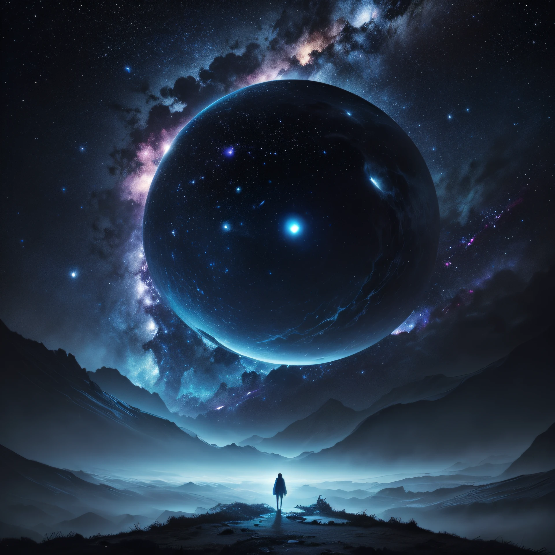 Mysterious and deep starry sky，Unknown，movie atmosphere，Negative dark mode，fanciful，Dangerous black holes、Ominous、Negative dark mode、Epic digital art --auto