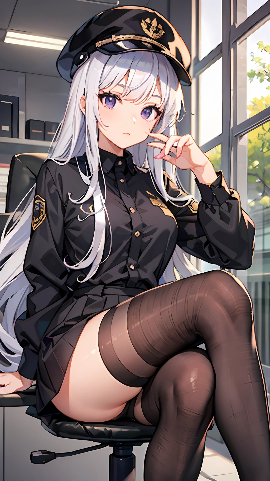 long white hair,Purple eye,Black workplace uniform,black pantyhoses,black heels,sit on chair,looking at viewert