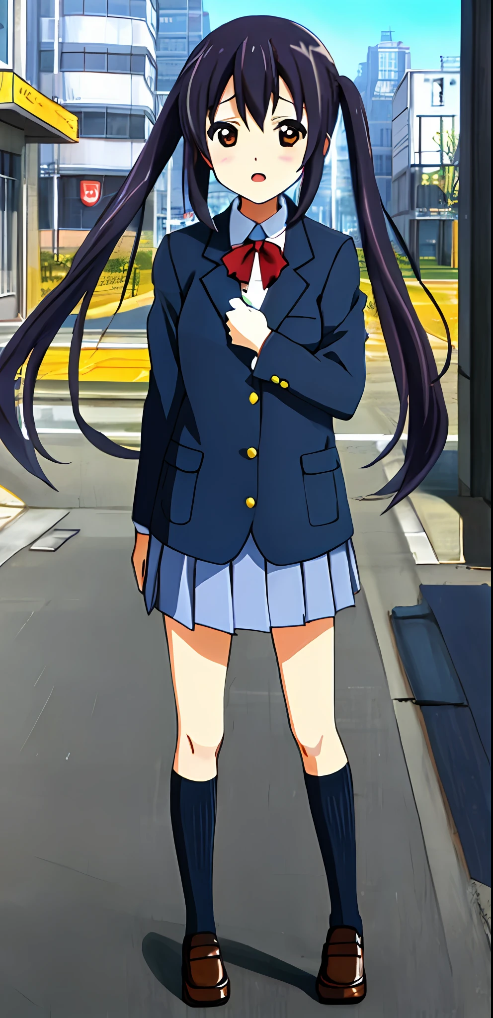 1girl, (((​masterpiece))), top-quality, top-quality, High Details, nakano azusa, 1girl, Sakuragaoka High School Uniform, student clothes, Twin-tailed, length hair, A dark-haired, brown-eyed, 独奏, reddish, Dark blue blazer with thin red ribbon, Solid white buttoned shirt under blazer, illustratio, comic strip, soothing tones, Subdued Color, Soft cinematic light, adobe lightroom, photolab, HDR, intricately and hyper-detailed、(((depth of fields))))。(((​masterpiece)))。(((top-quality))).)((ultra-detailliert)))。(((illustratio)))。(((takeout))).dynamic focus.small breasts.(((Skyscrapers))).(((A city scape))).(((Face of sadness))). open mouth.(((put hands on the hip))).(((up chest))).