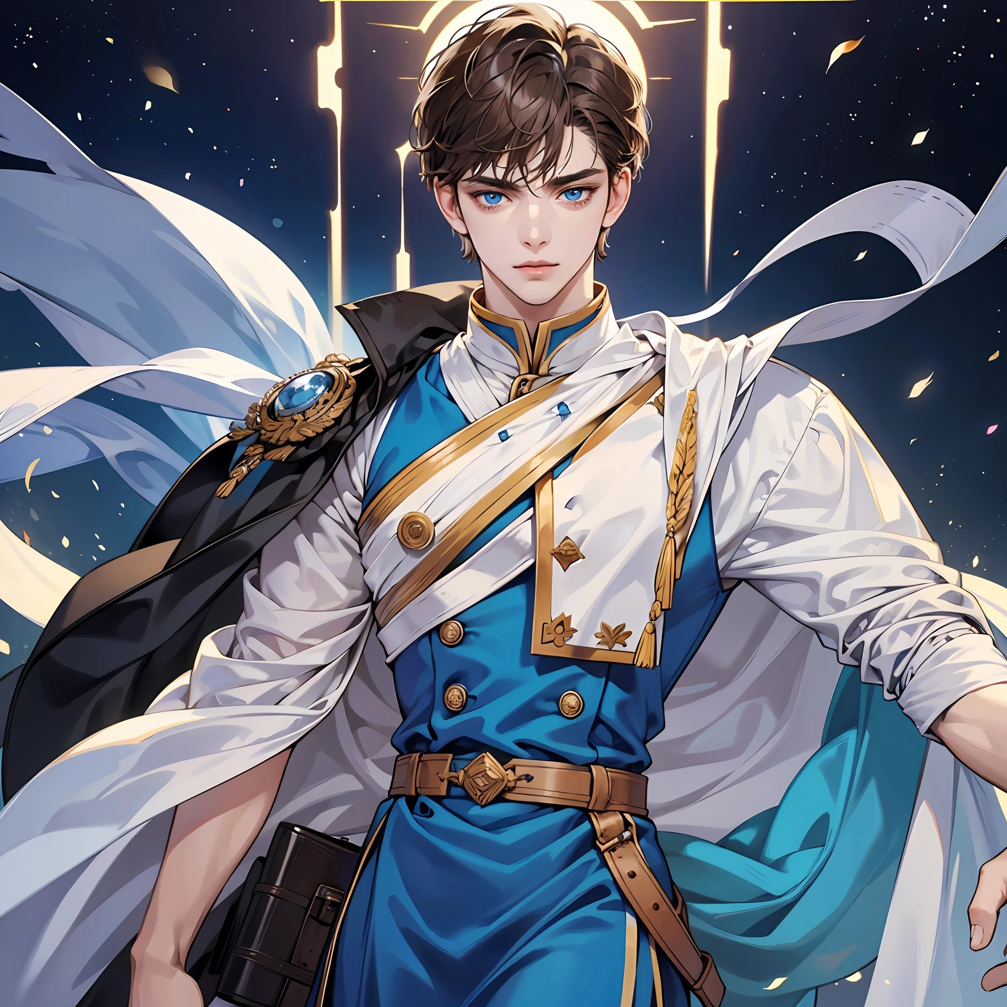 best high resolution detailed quality, sexy boy, white skin, brown hair with bangs to the nape, blue eyes, slight body, soft expression, imperial costume. --auto