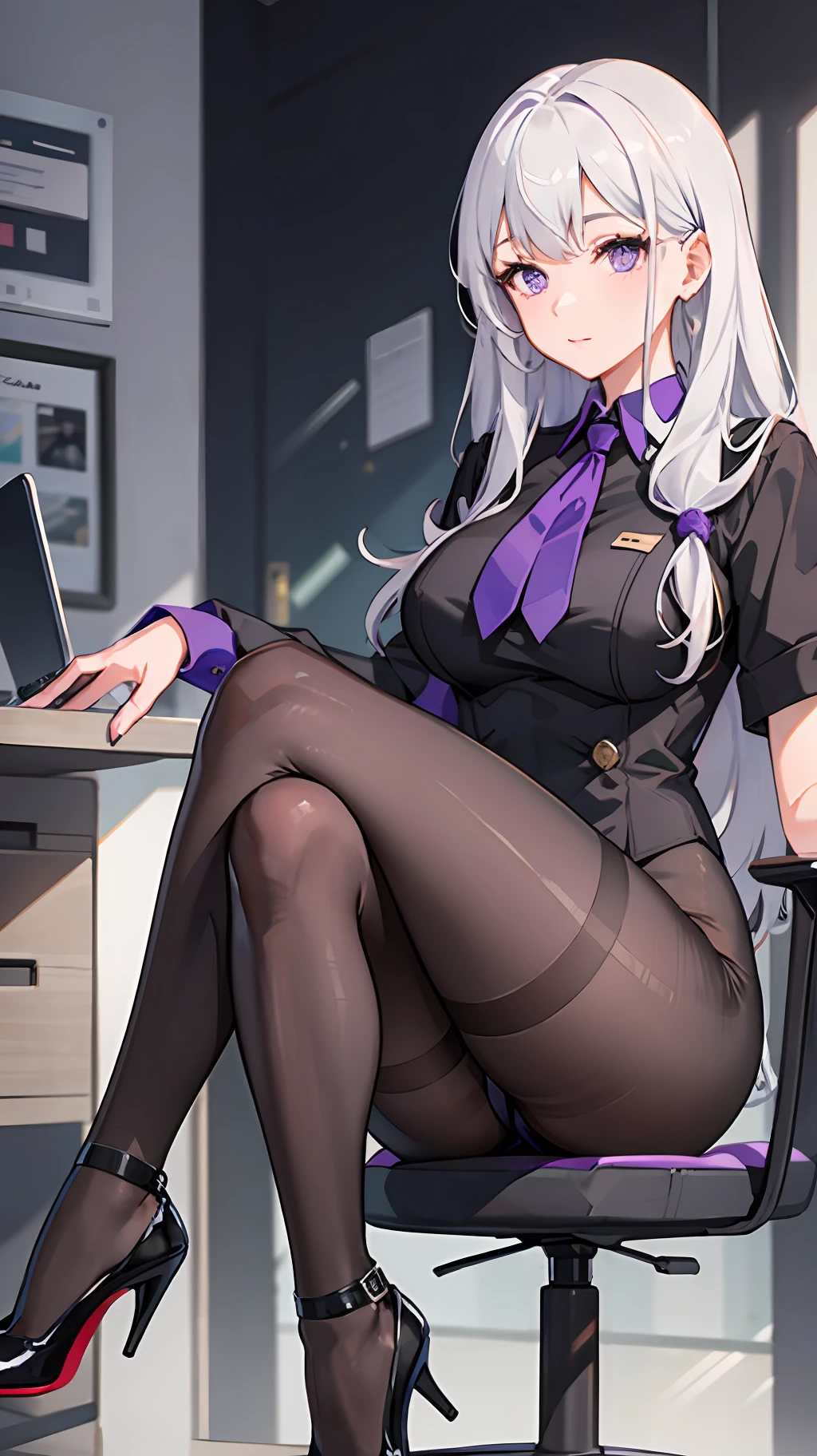 long white hair,Purple eye,Black workplace uniform,black pantyhoses,black heels,sit on chair,looking at viewert