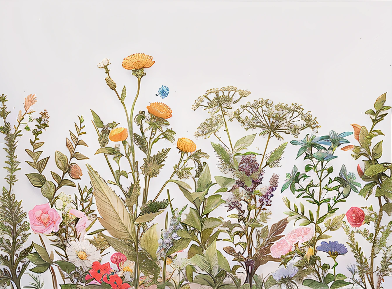 There are many different flowers on a white background,white backgrounid, botanical rainbow backdrop, delicate garden on paper, herbs and flowers, Meadow flowers, made of wildflowers, wildflowers and grasses, floral embroidery, wildflowers, detailed beautiful plants, Flora Print, detailed flowers, detailed plants, flowers with intricate detail, with colorful flowers and plants, wildflowers, Field flowers