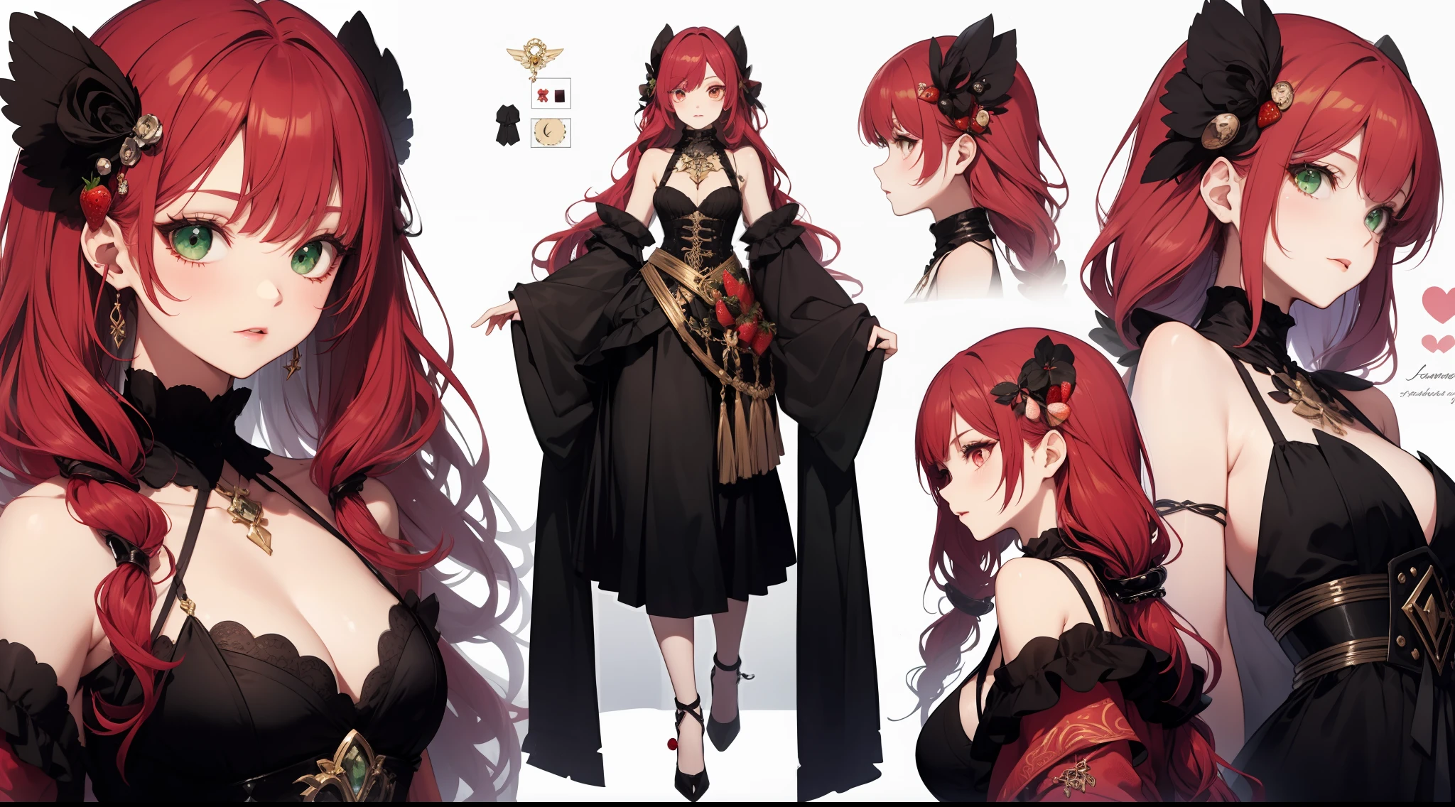 clothing design,character design,Character design,full bodyesbian,frontage,Lateral face,on back,Set,ta prostitute,Very gorgeous,Maximalism,extreme hight detail,RococoStyle,Super long hair,Complex accessories,Complex hairstyles,Strawberry theme,dark red color,purpleish color,green color,strawberry hair ornament,Strawberry-shaped gemstone,Skirts of various materials,Different fabrics,Different brightness and saturation,Delicate waist seal,waist chains,ribbons,