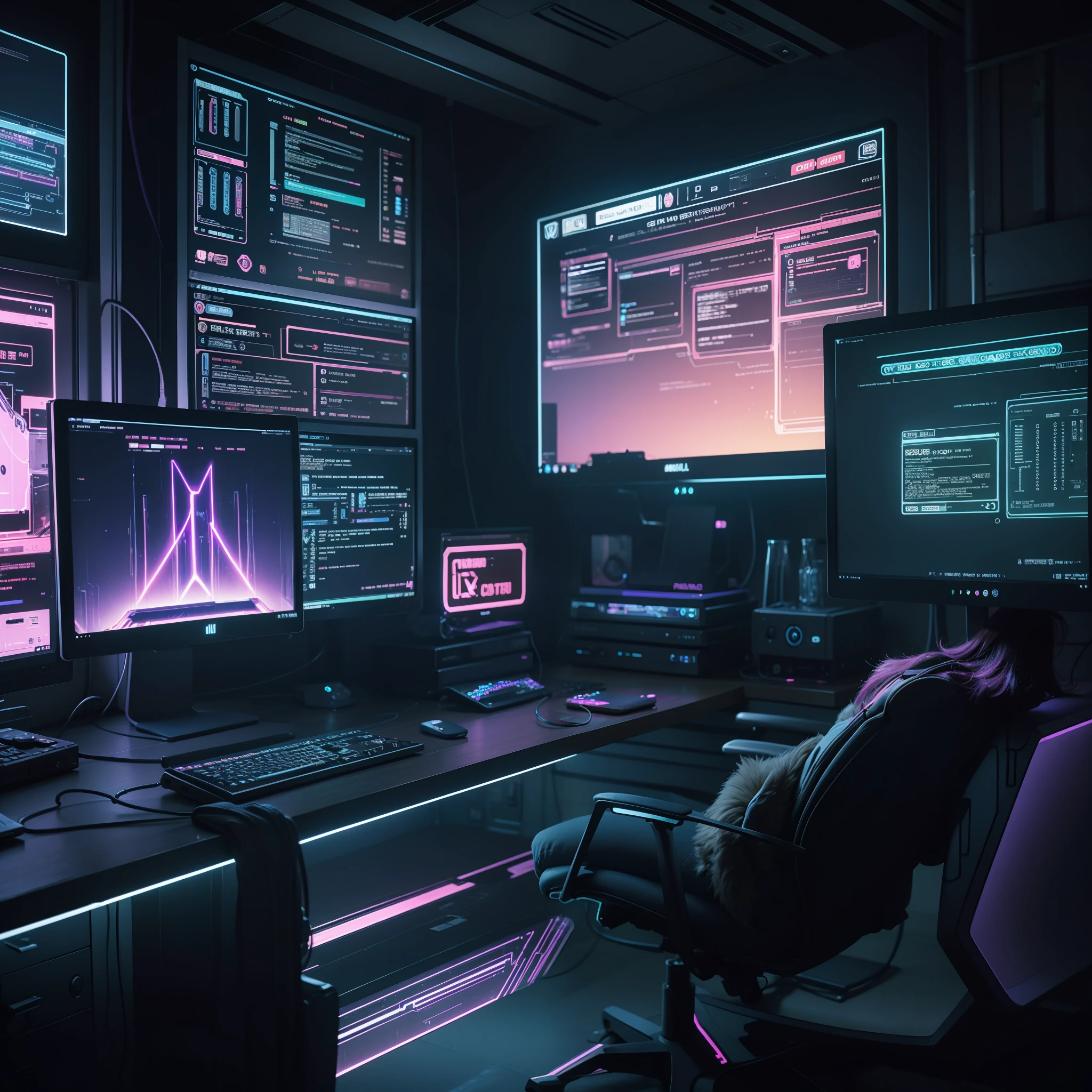 A purple and blue neon light computer desk with multiple monitors and a keyboard, cyber neon lighting, Neon lighting, in a large room with large windows on a sunny sunset, Pantalla de jugador de escritorio de metal, pantallas transparentes con paginas web y estadisticas, pantallas con estadisticos