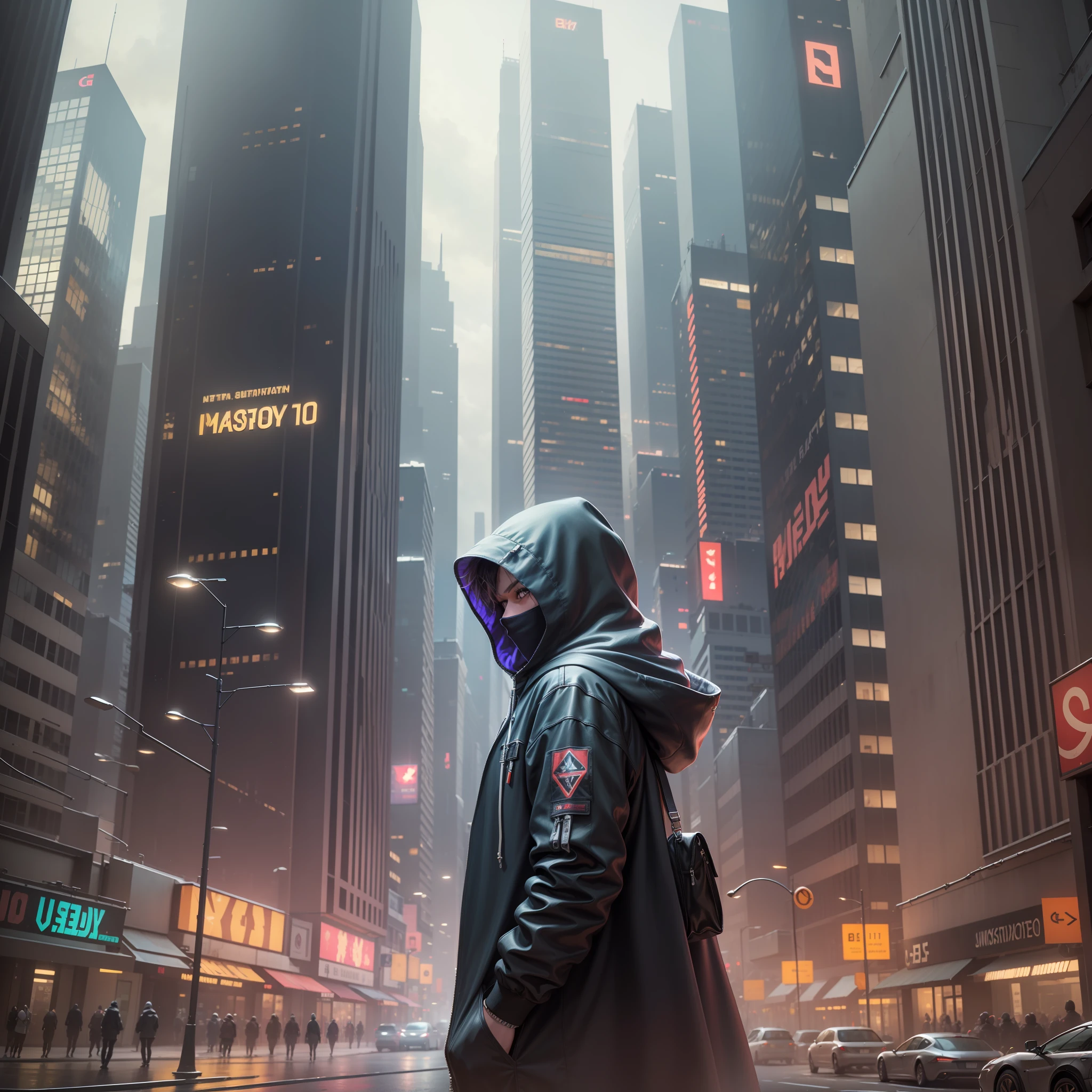 "((masterpiece)), best quality, ultra-detailed, extremely detailed CG unity 8k wallpaper, best illumination, cyberpunk, futuristic cityscape, hooded figure with cellphone in hand, striking face, towering buildings, high definition"