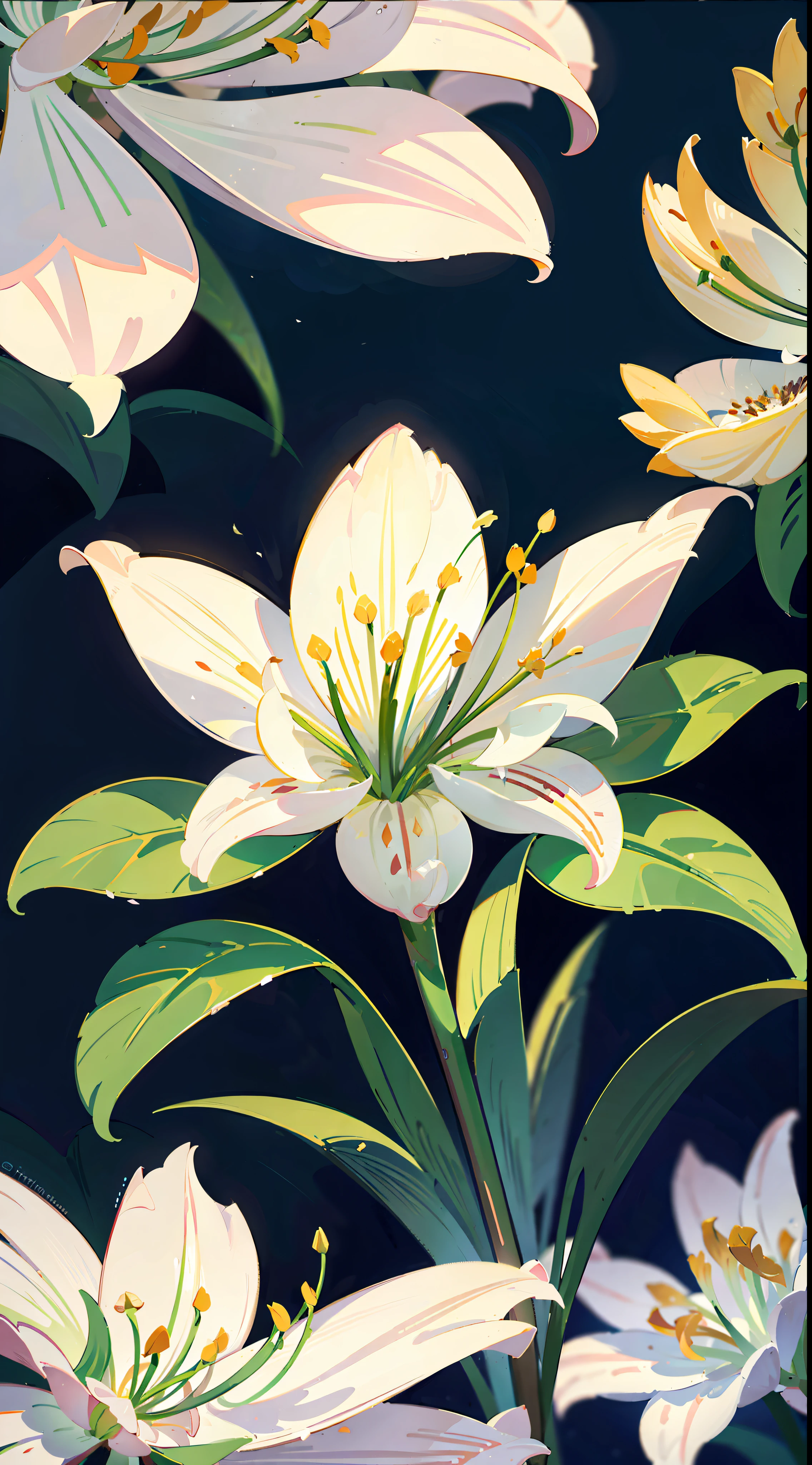 Close-up of lilies, high-precision picture quality, beautiful white background showing a lily picture. White lilies bloom towards us in pictures, capturing every corner of the human eye. The details of the petals are delicate and gorgeous, the exotic ears take on a sense of mystery, and the glowing details make the flowers look even more delicate. Improve the details of the stem and flower of the cosmic lily to make the picture more perfect.