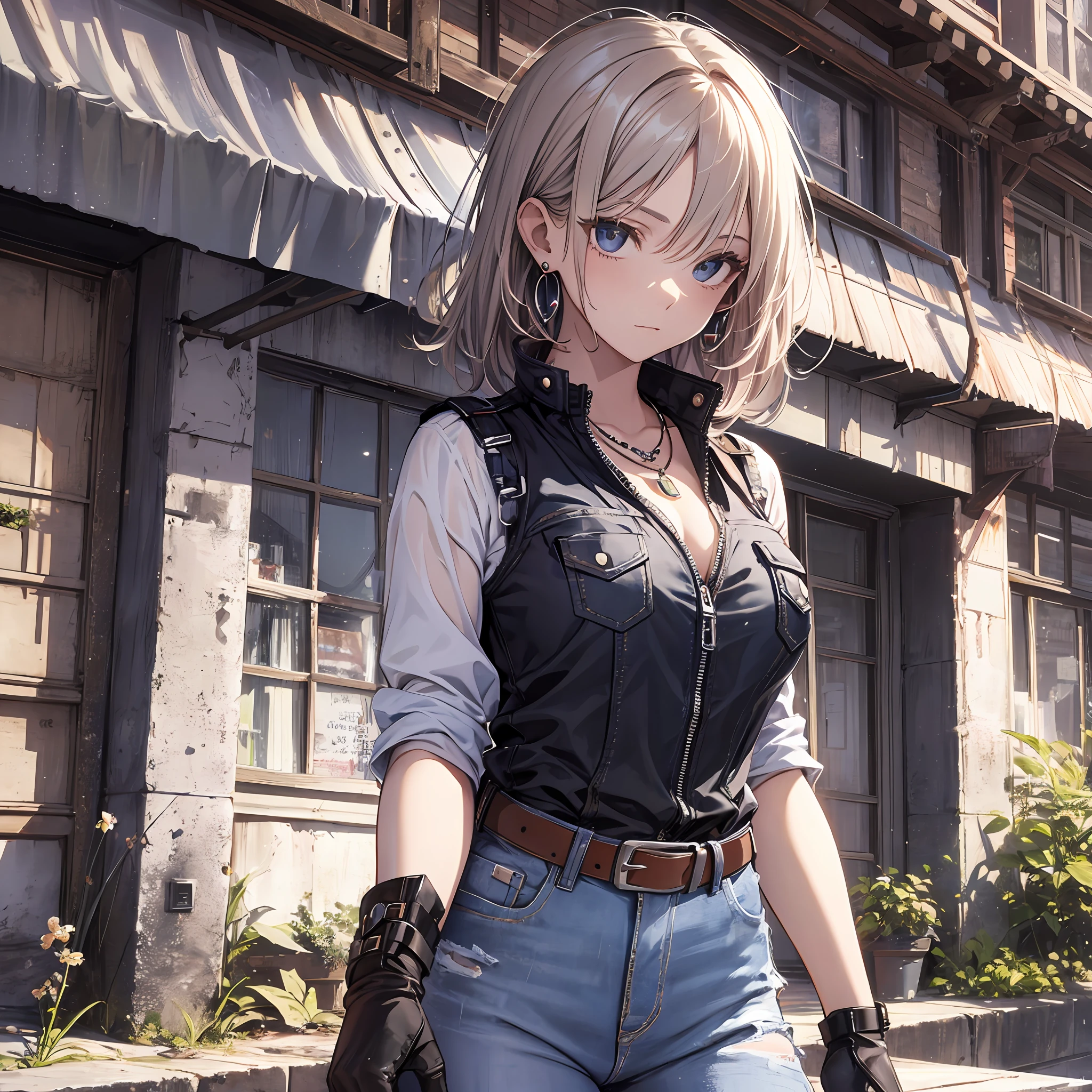 Steppiece, Best Quality, Ultra-detailed, Absurd, Portrait of cute android18DB, Realistic face, Solo, earrings, Jewelry, jeans, brave, eyeshadows closed, Belt bag, vests, Pants, plein air, the beach, gloves, Necklace, jeans, Rock, Standing, fighting position, Volumetric lighting, Best Quality, masutepiece, Intricate details, tonemapping, Sharp Focus, Hyper Detailed Sexy swimming costume