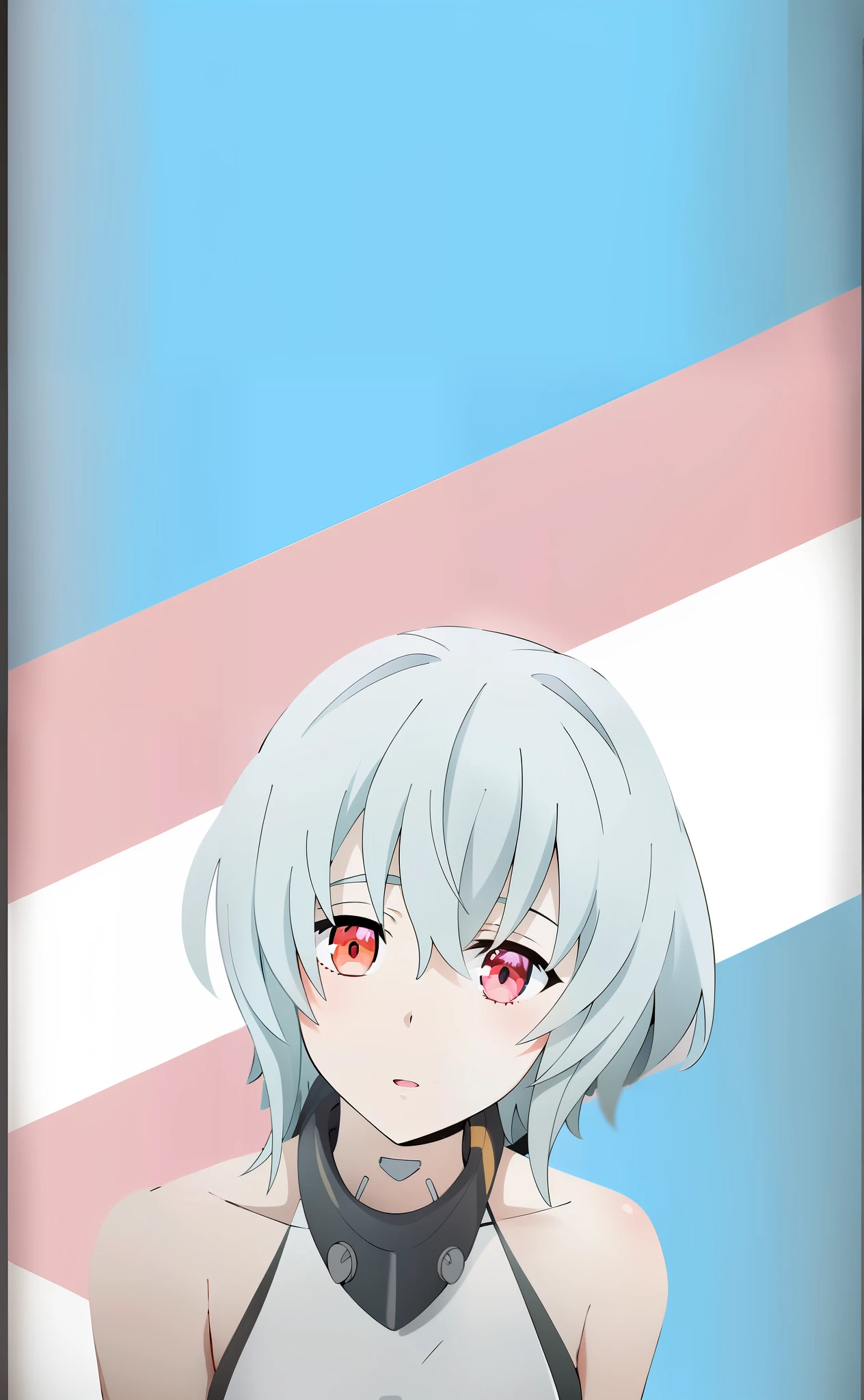 Anime girl with white hair and red eyes standing in front of a pink and white striped wall, rogue anime girl ayanami rei, nyaruko-san, screenshot from a 2012s anime, ayanami, still from tv anime, screenshot from guro anime, animated still, close up of a young anime girl, Rei Ayanami