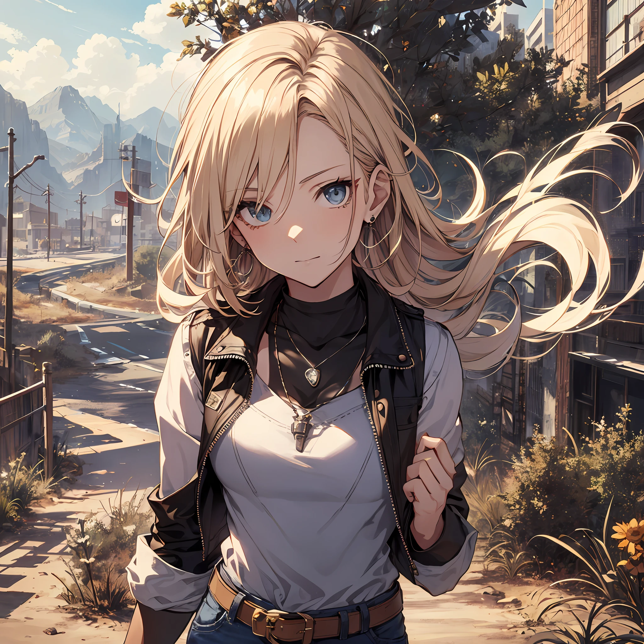 masutepiece, Best Quality, Ultra-detailed, Absurd, Portrait of cute android18DB, Realistic face, Solo, earrings, Jewelry, jeans, brave, eyeshadows closed, Belt bag, vests, Pants, plein air, A desert, gloves, Necklace, jeans, Rock, Standing, fighting position, Volumetric lighting, Best Quality, masutepiece, Intricate details, tonemapping, Sharp Focus, Hyper Detailed