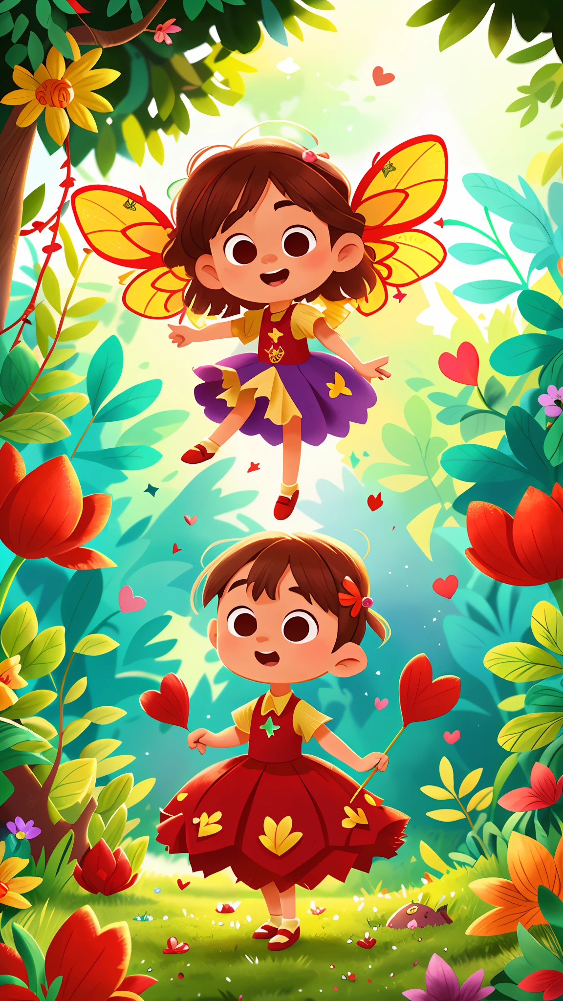 Beautiful little fairy, with a completely red dress adorned with hearts, a magic wand, red dress, red dress, flying in the middle of the colorful enchanted forest, with beautiful wings, and hearts scattered throughout the scenery, hearts in the background of the screen, perfect quality, clear focus (mess - house: 0.8), (masterpiece: 1.2) (Realistic: 1.2) (Bokeh) (Best quality) (Detailed Skin: 1.3) (Intricate Details) (8K) (Eye Detail) (Sharp Focus), (Happy)