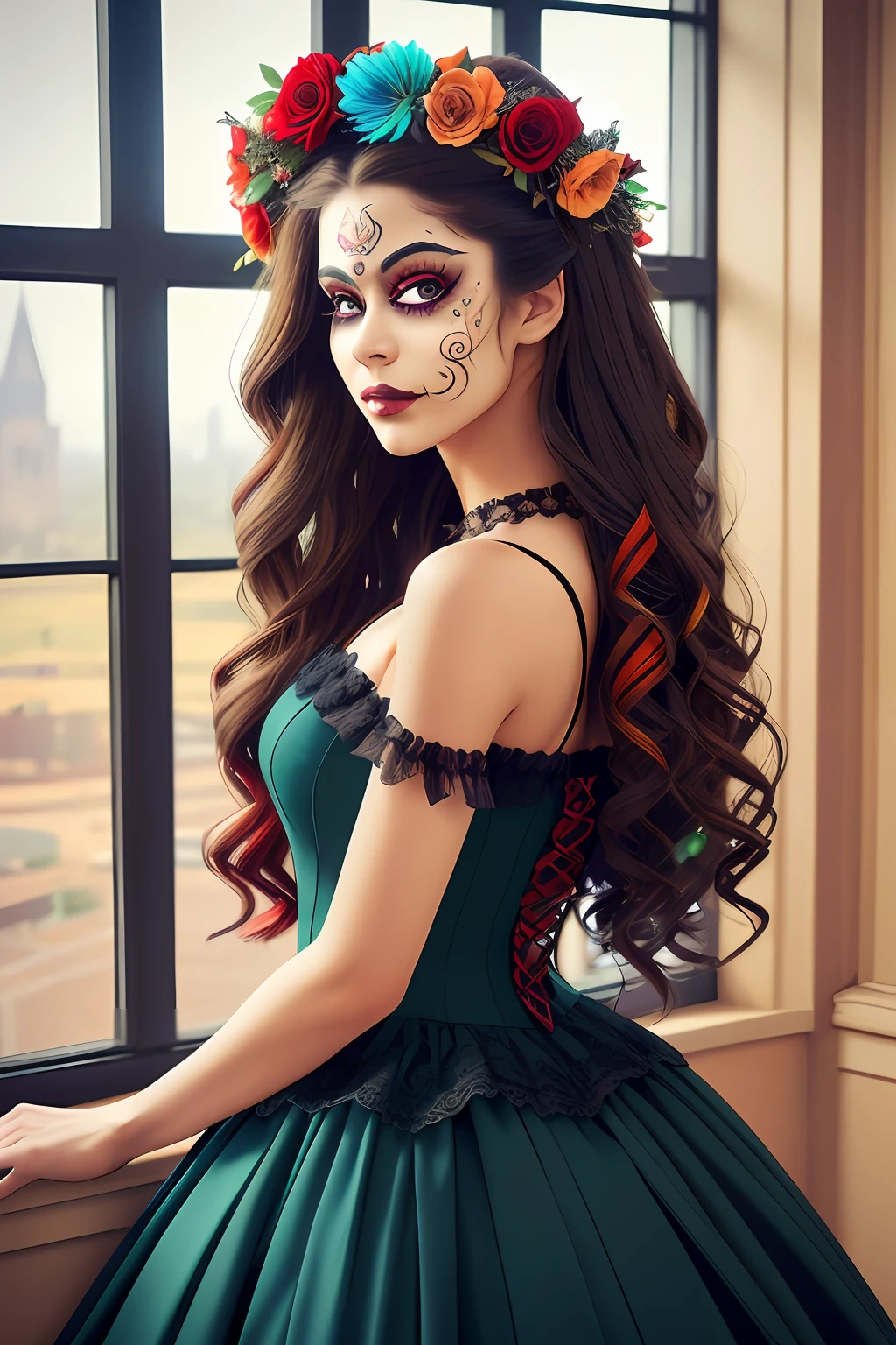 (dark shot:1.4), 80mm, a pretty cute woman with curly long hair with (colored makeup Dia de Muertos:1.3): posing in luxury castle, wreath of roses (on head:1.2), intricate detailed long (red dress:1.3) with black lace details, 4k, 8k, (intricate details:1.12), hdr, (intricate details, hyperdetailed:1.15), (natural skin texture, hyperrealism, soft light, sharp:1.2), soft light, sharp, exposure blend, medium shot, bokeh, (hdr:1.4), high contrast, (cinematic, teal and orange:0.85), (muted colors, dim colors, soothing tones:1.3), low saturation, (hyperdetailed:1.2), (noir:0.4)