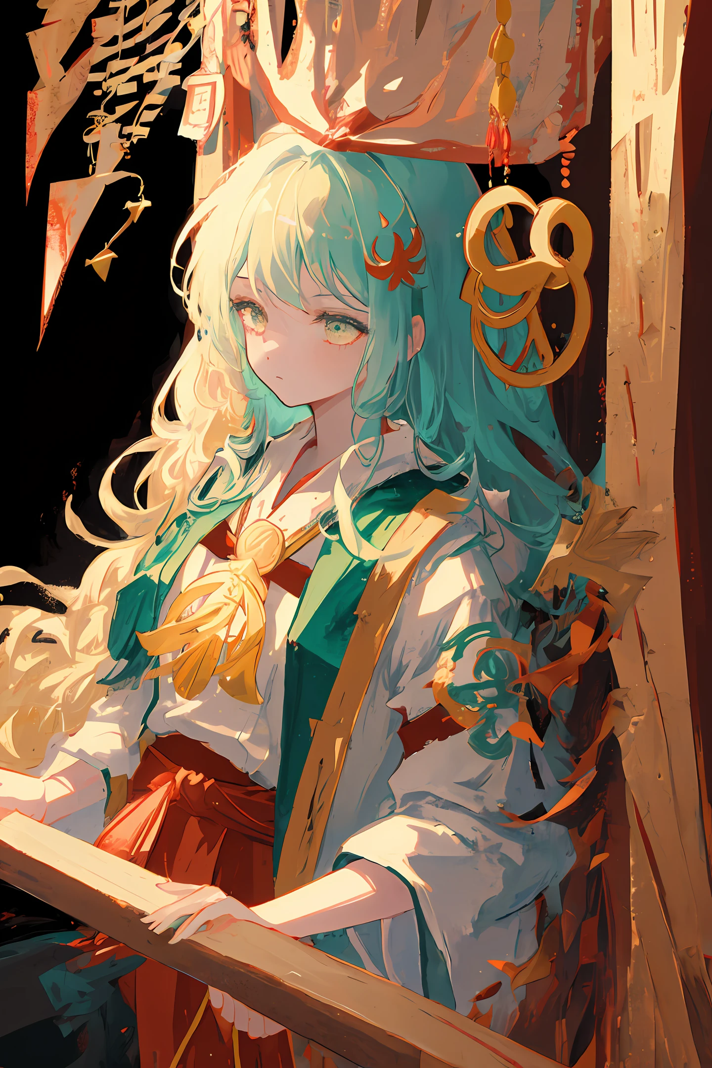 (1girl:1.3),solo,__body-parts__,
official art, unity 8k wallpaper, ultra detailed, beautiful and aesthetic, beautiful, masterpiece, best quality,Fantastical Atmosphere, Calming Palette, Tranquil Mood, Soft Shading,
Miko priestess, charm spell, talisman familiar, shrine maiden duties,