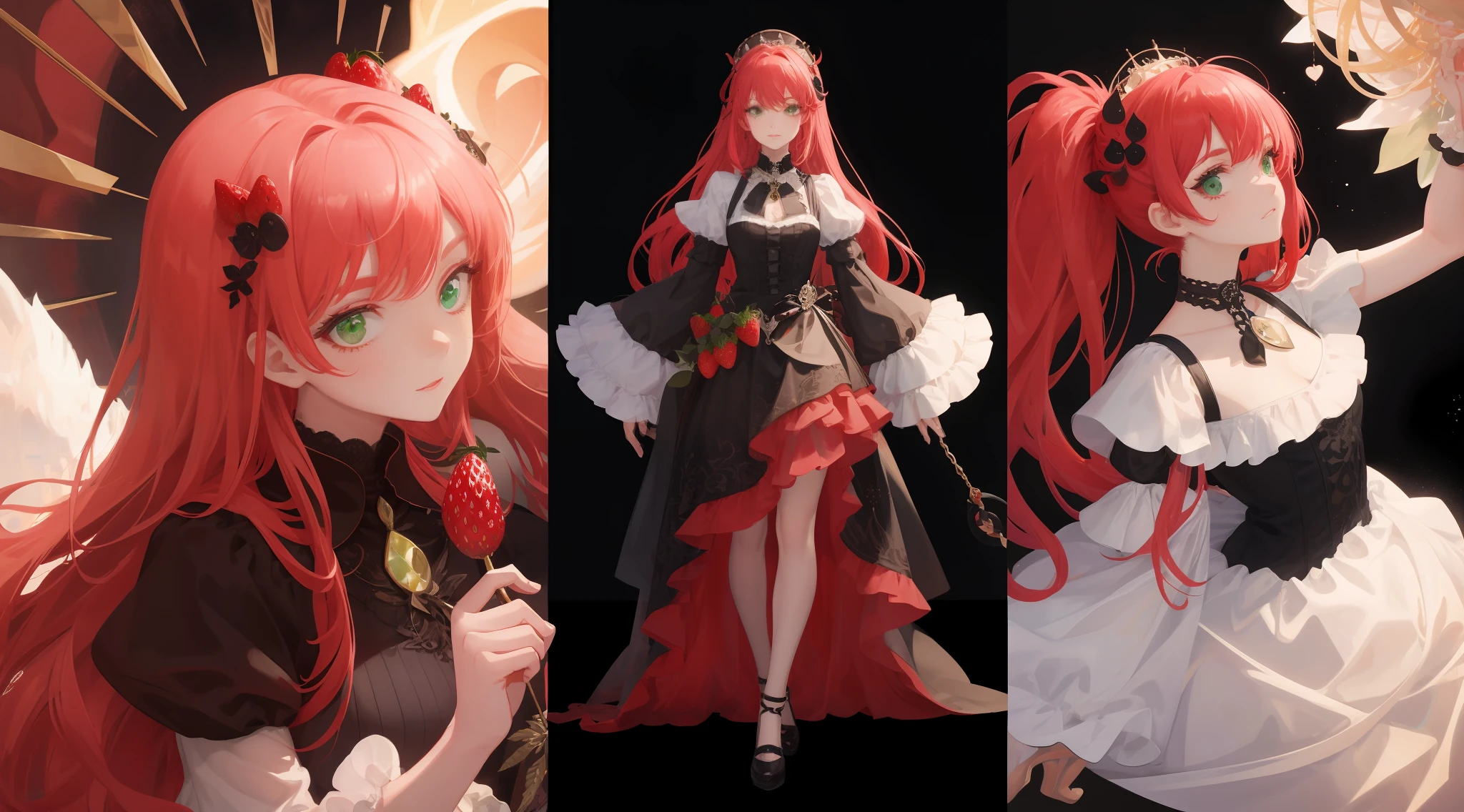 Three-view of roles，character  design，Character design，Three View，full bodyesbian，frontage，Lateral face，on  back，Set，Lolita prostitute，Very gorgeous，Maximalism，extreme hight detail，RococoStyle，Super long hair，Complex accessories，Complex hairstyles，Strawberry theme，dark red color，green color，strawberry hair ornament，Strawberry-shaped gemstone，Skirts of various materials，Different fabrics
