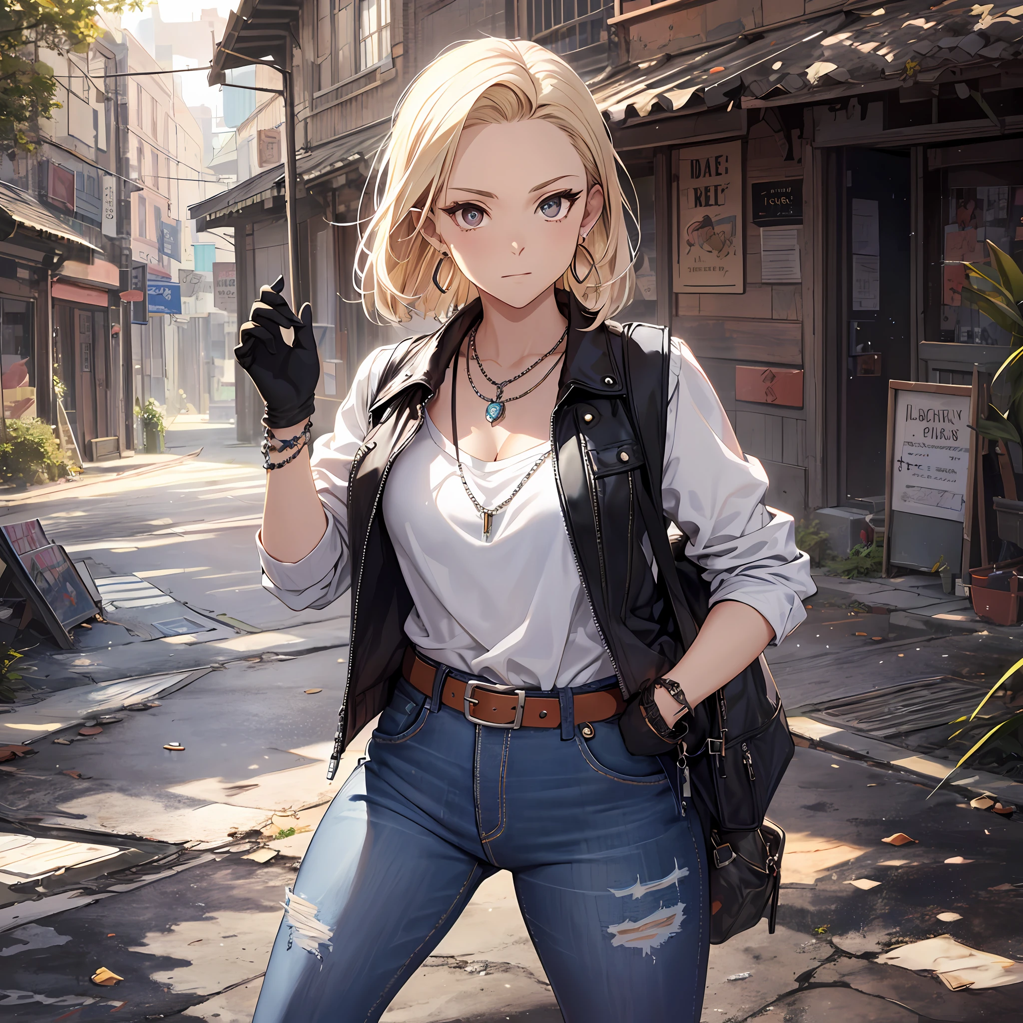Steppiece, Best Quality, Ultra-detailed, Absurd, Portrait of cute android18DB, Realistic face, Solo, earrings, Jewelry, jeans, brave, eyeshadows closed, Belt bag, vests, Pants, plein air, A desert, gloves, Necklace, jeans, Rock, Standing, fighting position, Volumetric lighting, Best Quality, masutepiece, Intricate details, tonemapping, Sharp Focus, Hyper Detailed