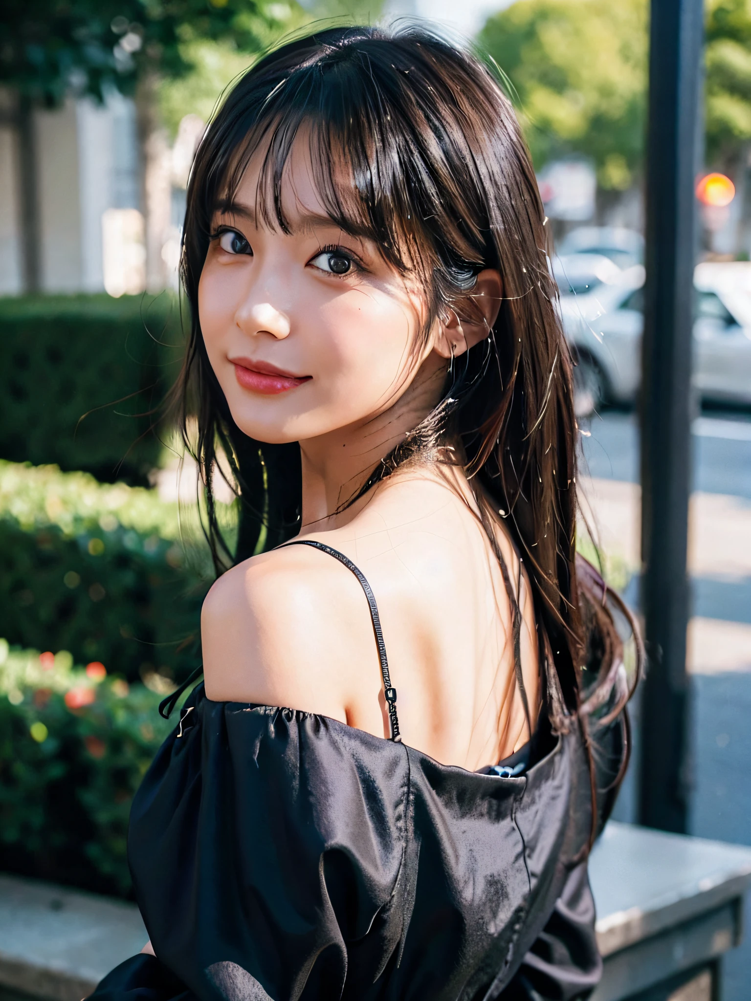 (Best Quality:1.2, 8K, Sharp Focus, master piece: 1.2, Cinematic Light, extremely details CG, beautiful Girl, reality, Detailed face textures, Realistic skin, beautiful makeup, Detailed bangs)), (depth of fields), Bokeh background, Head tilt, Smile, closes mouth, shiny black long hair, Cowboy Shot, white bare top mini dress, jacket off shoulder, from side, wind