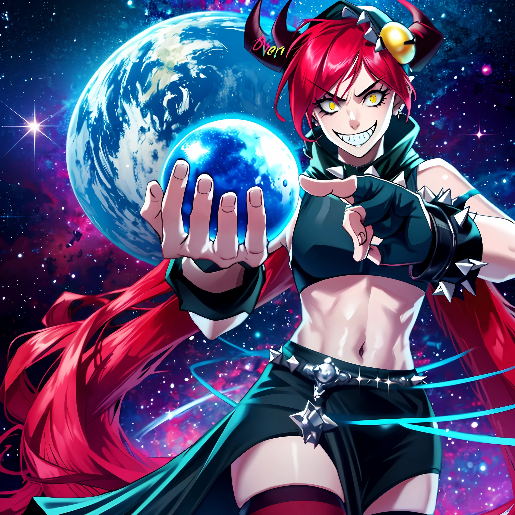 cinematic highlight, demencia, evil grin, looking at viewer, hands raised, yellow eyes, striped, cut out dress, sleeveless, dress, stomach, horns, thighhighs, fingerless gloves, jewelry, bracelet, spikes, wearing a dress, (cosmic background, photo-realistic), (midriff exposed:1.2), (holding a small planet, woman holding an orb), intense character expression