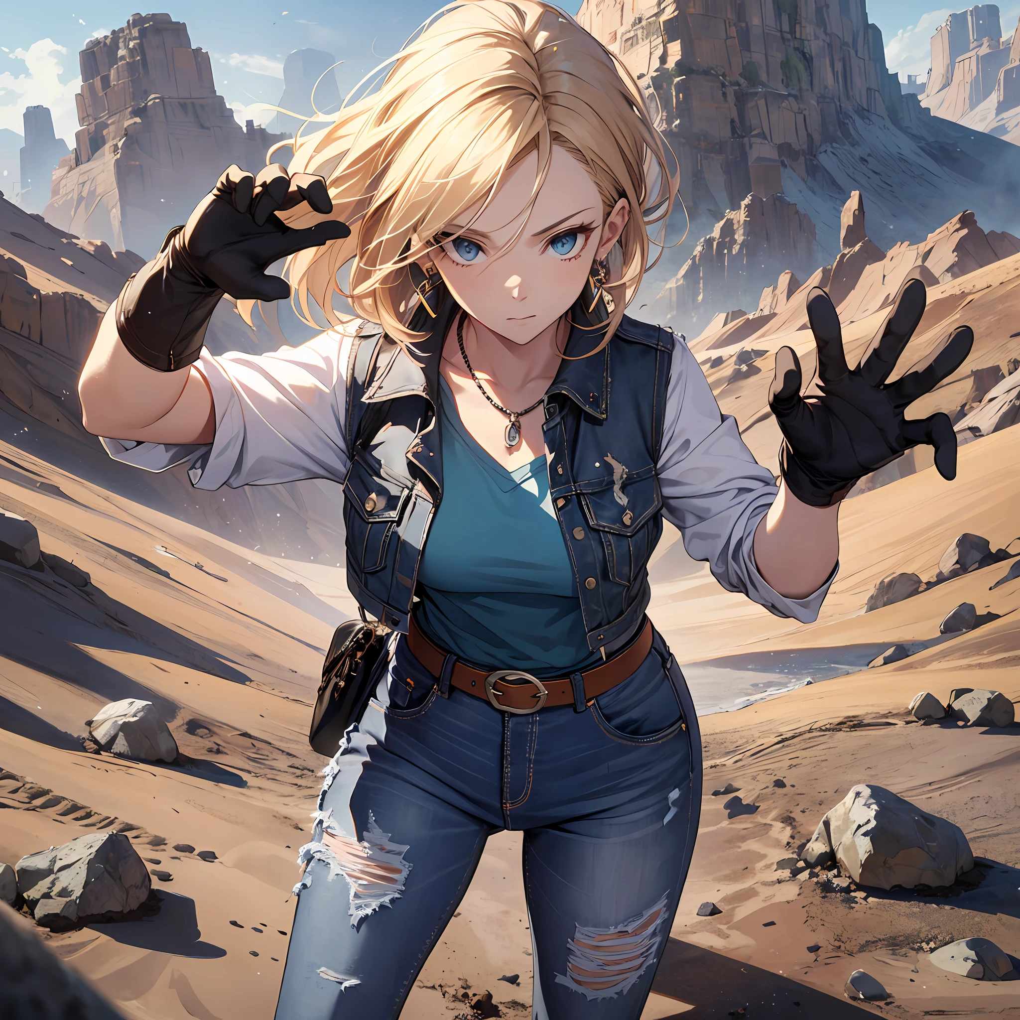 Steppiece, Best Quality, Ultra-detailed, Absurd, Portrait of cute android18DB, Realistic face, Solo, earrings, Jewelry, jeans, brave, eyeshadows closed, Belt bag, vests, Pants, plein air, A desert, gloves, Necklace, jeans, Rock, Standing, fighting position, Volumetric lighting, Best Quality, masutepiece, Intricate details, tonemapping, Sharp Focus, Hyper Detailed