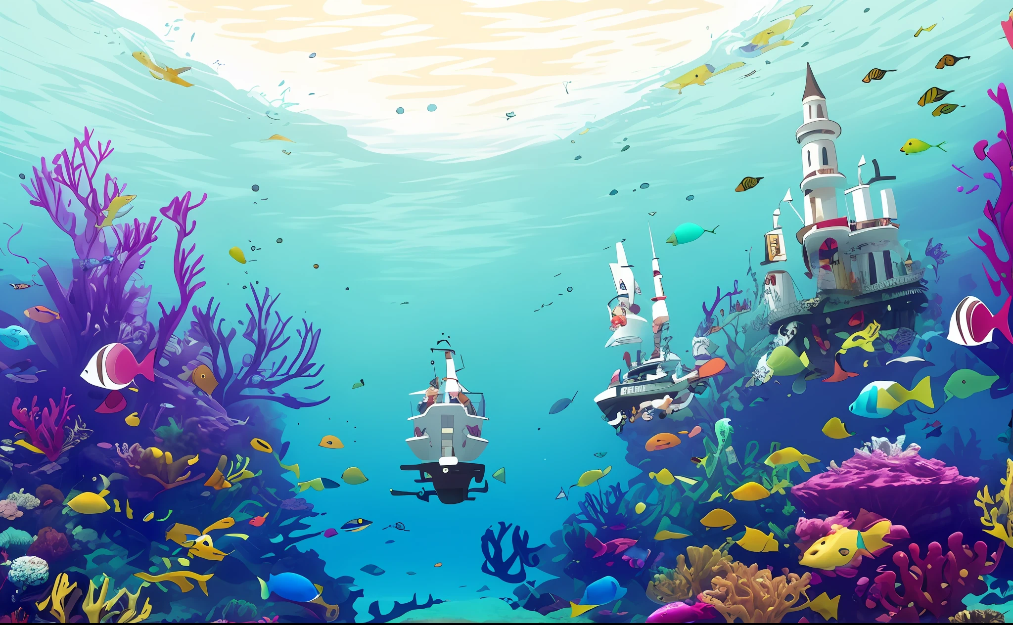 Underwater world with a sense of technology,Flat vector style,gatherings,2