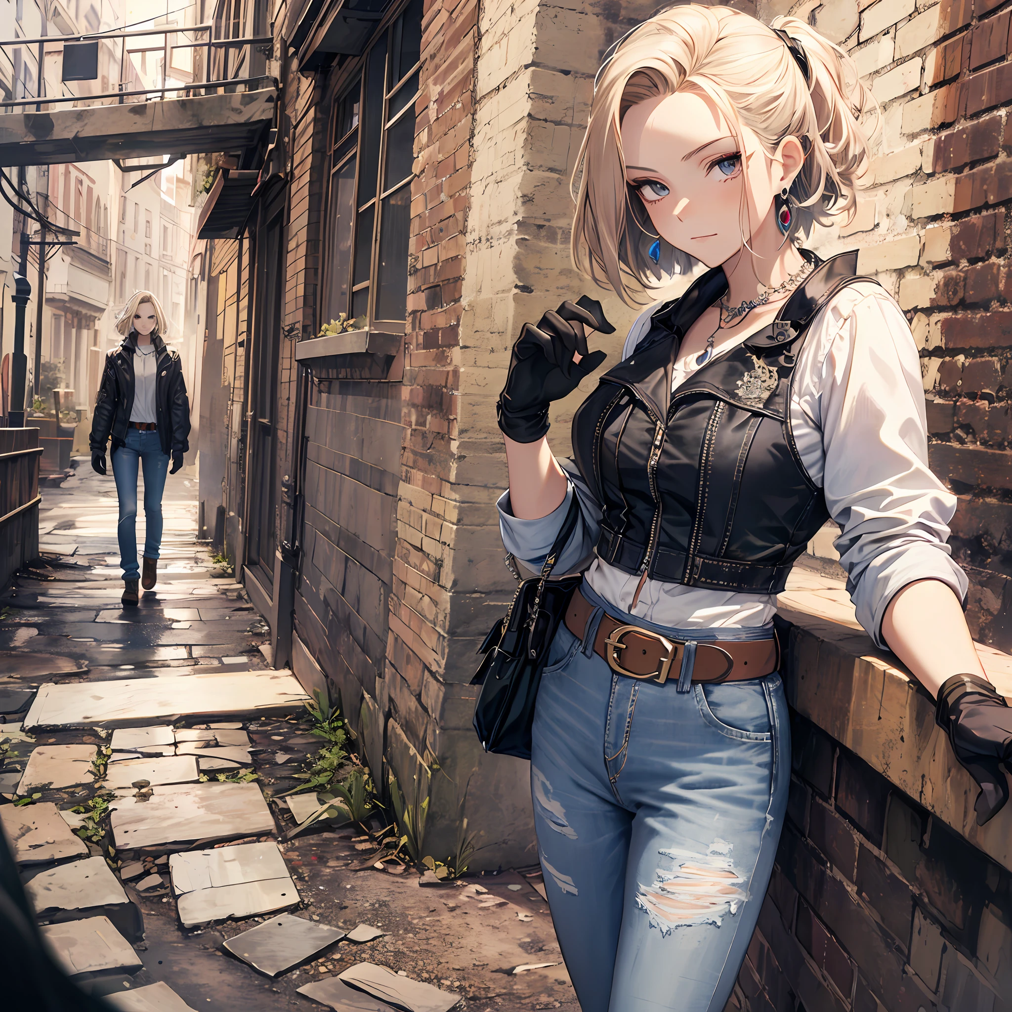 Steppiece, Best Quality, Ultra-detailed, Absurd, Portrait of cute android18DB, Realistic face, Solo, earrings, Jewelry, jeans, brave, eyeshadows closed, Belt bag, vests, Pants, plein air, A desert, gloves, Necklace, jeans, Rock, Standing, fighting position, Volumetric lighting, Best Quality, masutepiece, Intricate details, tonemapping, Sharp Focus, Hyper Detailed