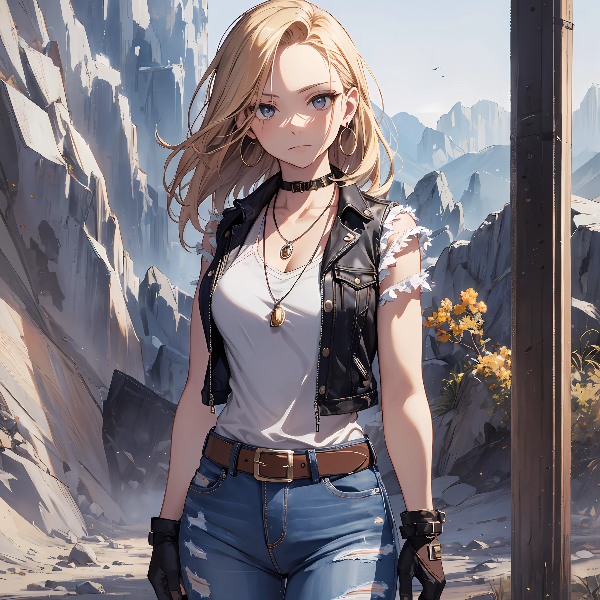 Steppiece, Best Quality, Ultra-detailed, Absurd, Portrait of cute android18DB, Realistic face, Solo, earrings, Jewelry, jeans, brave, eyeshadows closed, Belt bag, vests, Pants, plein air, A desert, gloves, Necklace, jeans, Rock, Standing, fighting position, Volumetric lighting, Best Quality, masutepiece, Intricate details, tonemapping, Sharp Focus, Hyper Detailed