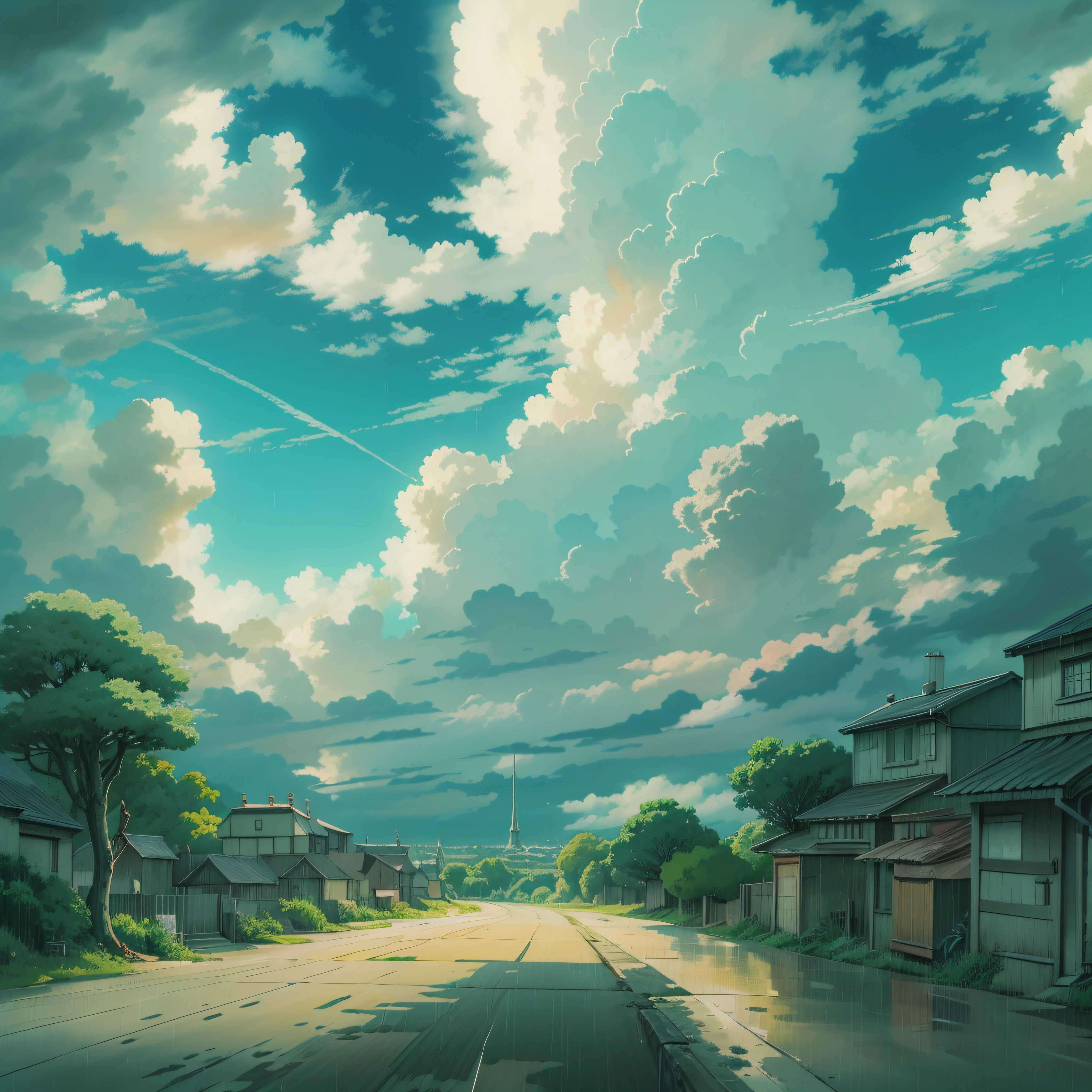 animesque、Skyscape with clouds、Deities々Shikai、You can see the touch of the brush、rain cloud、After it rains、Studio Ghibli、Ghibli、a sultry、Scenery、Style、sky line、The light is sparkling