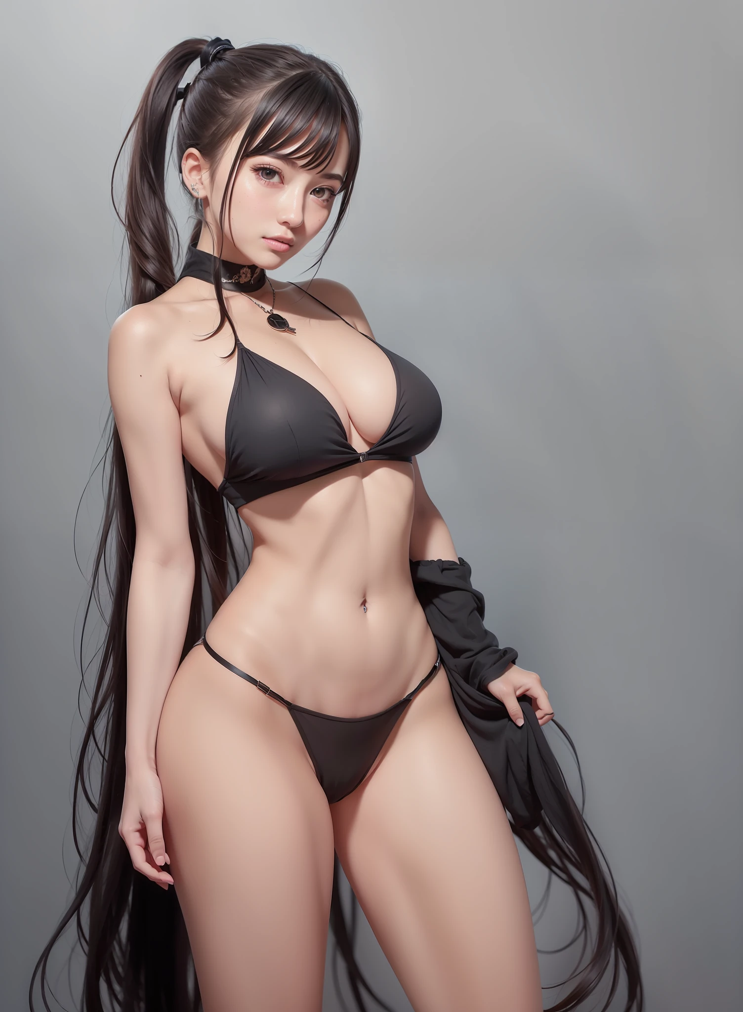 (RAW photos: 1.2), (Photorealistic: 1.4), (Masterpieces: 1.3), (Best quality: 1.4), Dreamy, (Detailed eyes), (Detailed facial features), (Detailed clothing features), skin-tight, (Shiny skin), (Slim girls), (Slim girls), 1 girl, Solo, Cute, Innocent, Smry, Virtual Girl-Aim, (Big breasts), straight bangs, Long hair, Black hair, Black eyes, a crystal pendant, JK, (High ponytail:1.6),blackstockings