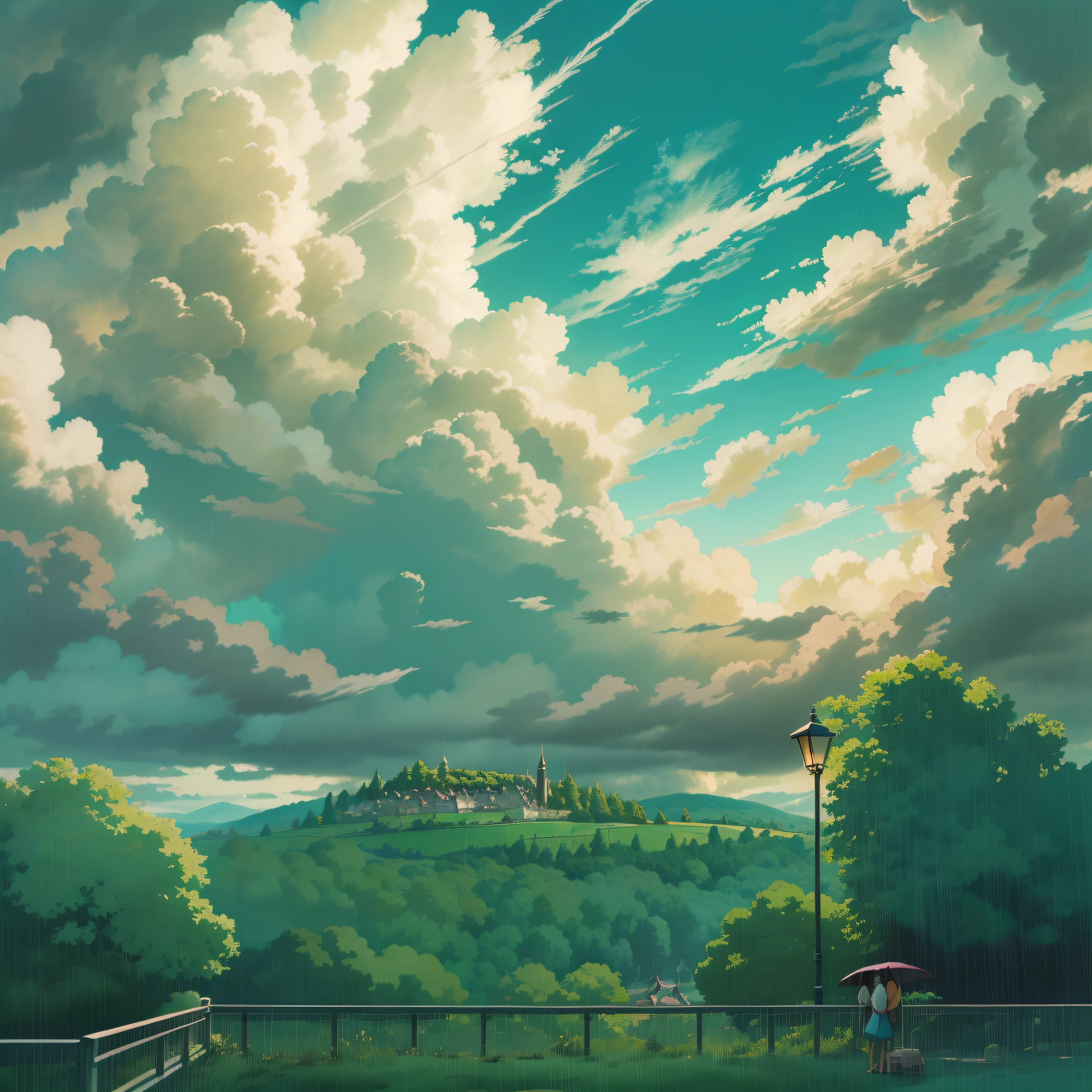 animesque、Skyscape with clouds、Deities々Shikai、You can see the touch of the brush、rain cloud、After it rains、Studio Ghibli、Ghibli、a sultry、Scenery、Style、sky line、The light is sparkling