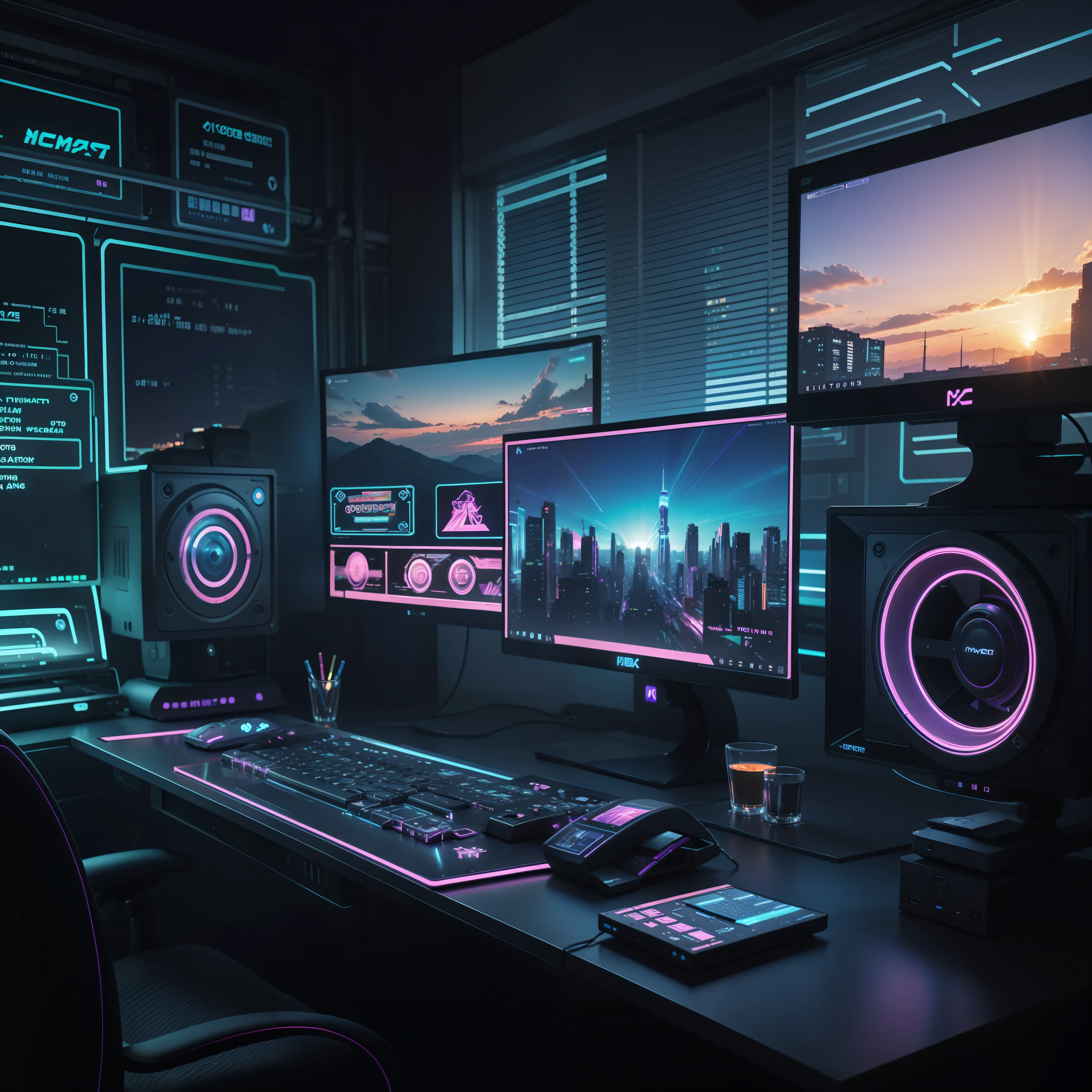 A purple and blue neon light computer desk with multiple monitors and a keyboard, cyber neon lighting, neon lighting, in a large room with large windows on a sunny sunset, Metal desktop gamer screen, pantallas transparentes con paginas web y estadisticas, pantallas con estadisticos